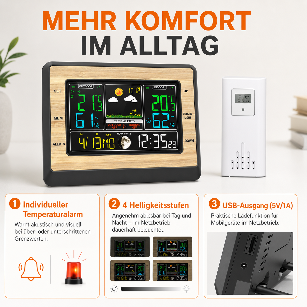 Ein digitaler Wetterstation-Bildschirm mit Holzrahmen zeigt Innen- und Außentemperatur und Luftfeuchtigkeit.