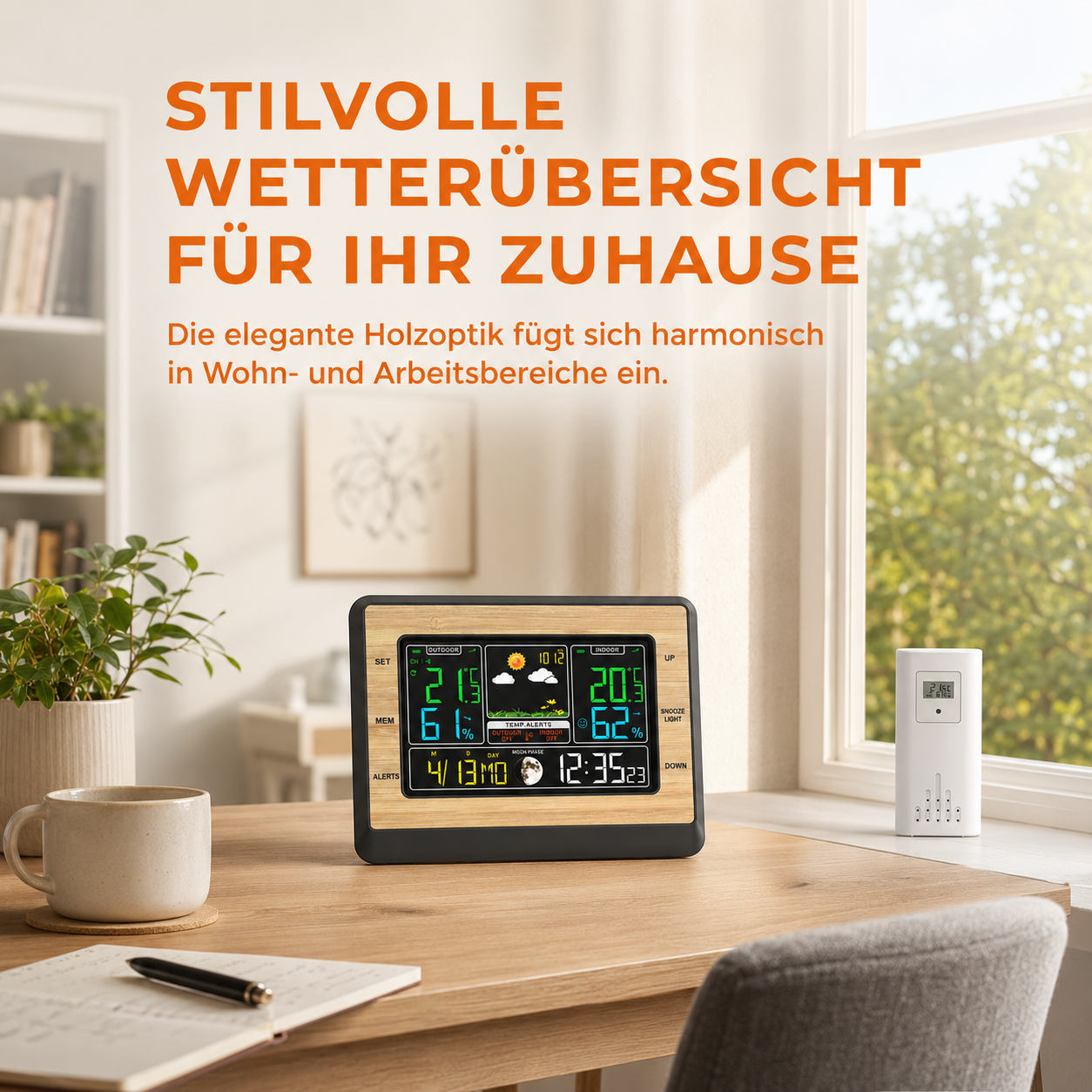Wetterstation mit Holzoptik auf einem Schreibtisch neben einer Tasse und einem Notizbuch.