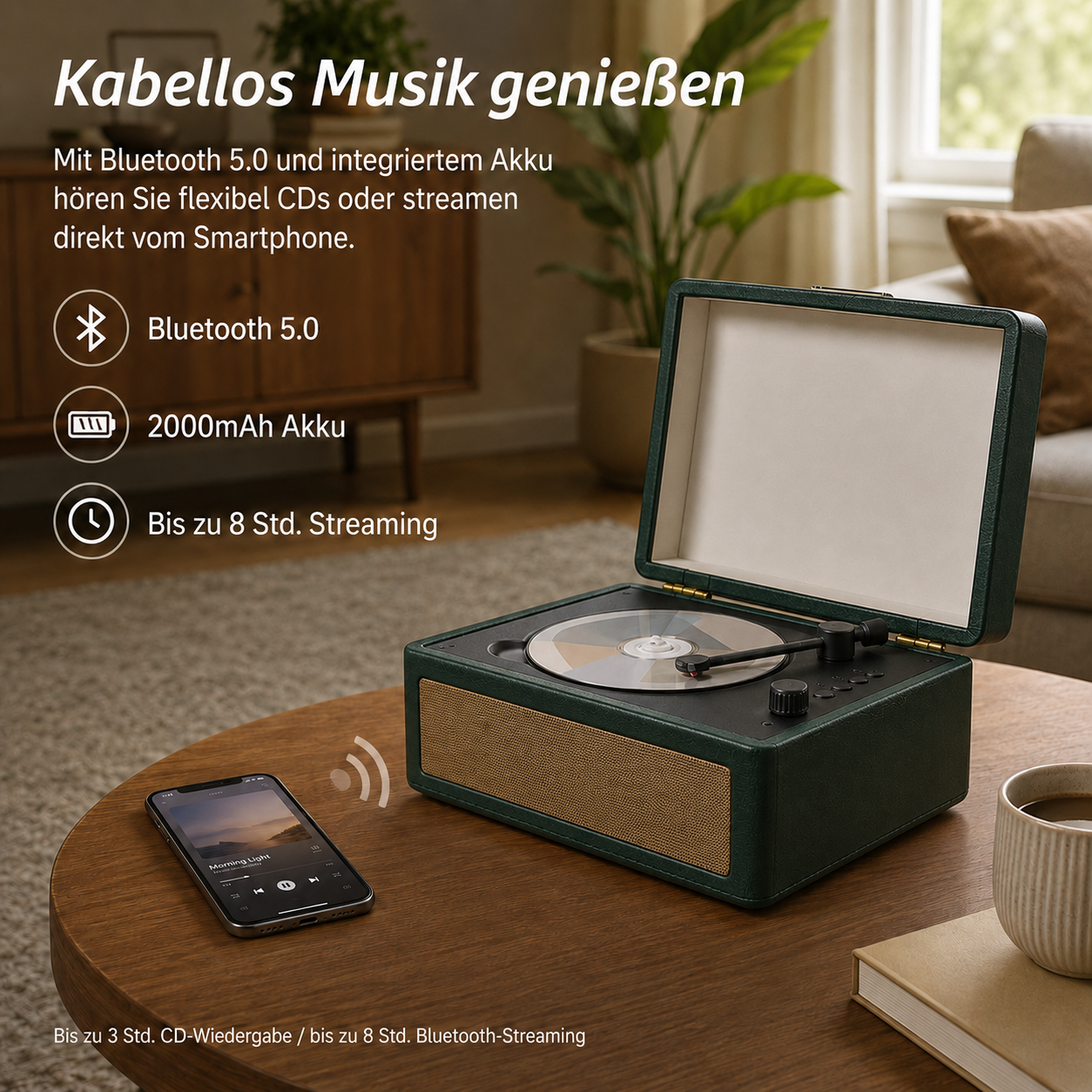 Grüner Plattenspieler mit CD-Schacht, Smartphone und Tasse auf Holztisch.