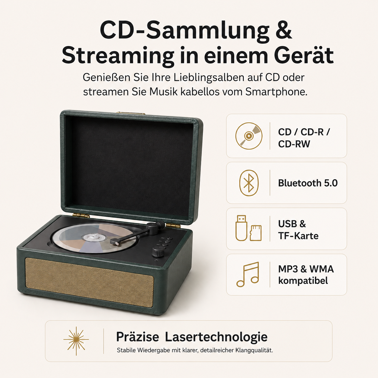 Grünes CD-Player-Gerät mit Plattenspieler, CD und Optionen für Bluetooth, USB/TF, MP3/WMA.