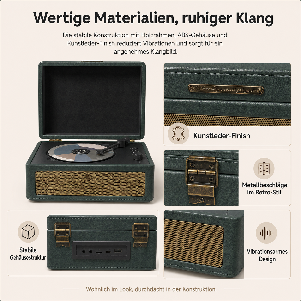 Ein dunkelgrüner Plattenspieler mit goldenen Details und mehreren Detailansichten.
