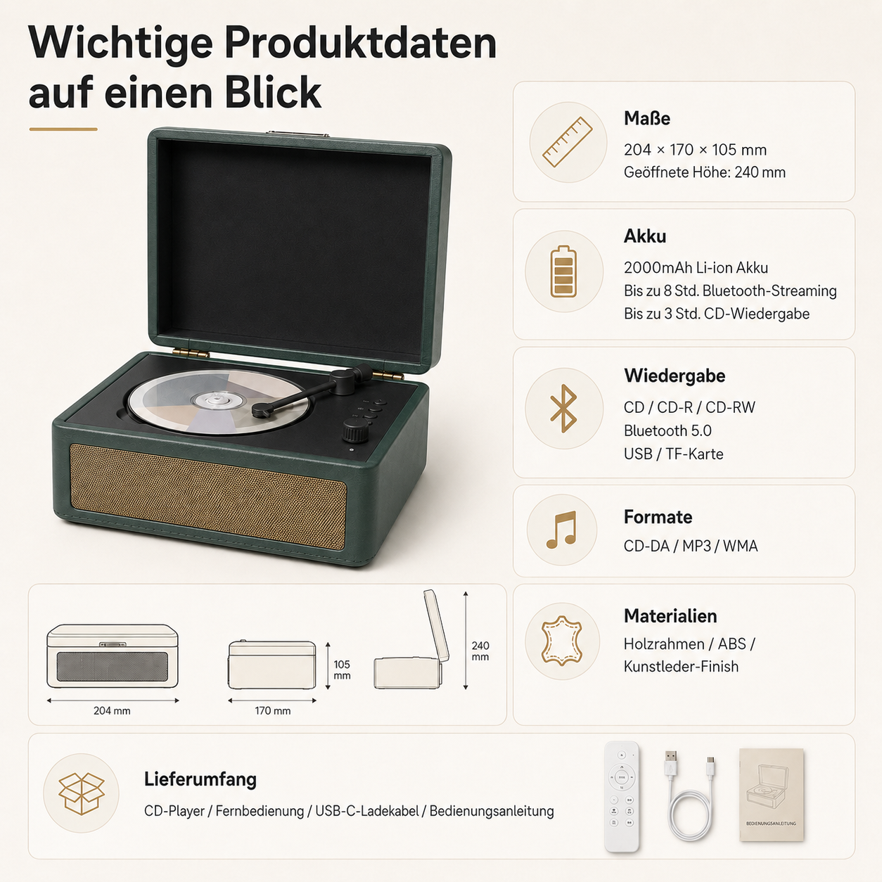Ein grüner Plattenspieler mit geöffnetem Deckel, CD-Schlitz und Bedienelementen.