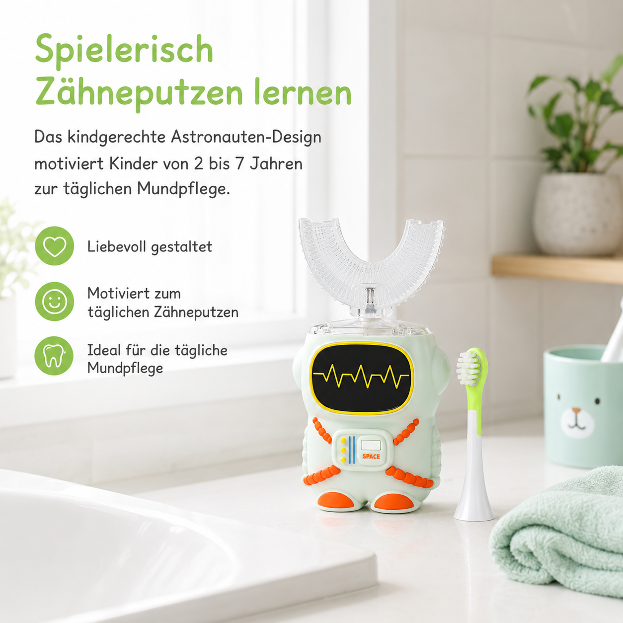 Ein kinderfreundlicher Astronauten-Zahnbürstenhalter mit U-förmiger Bürste.