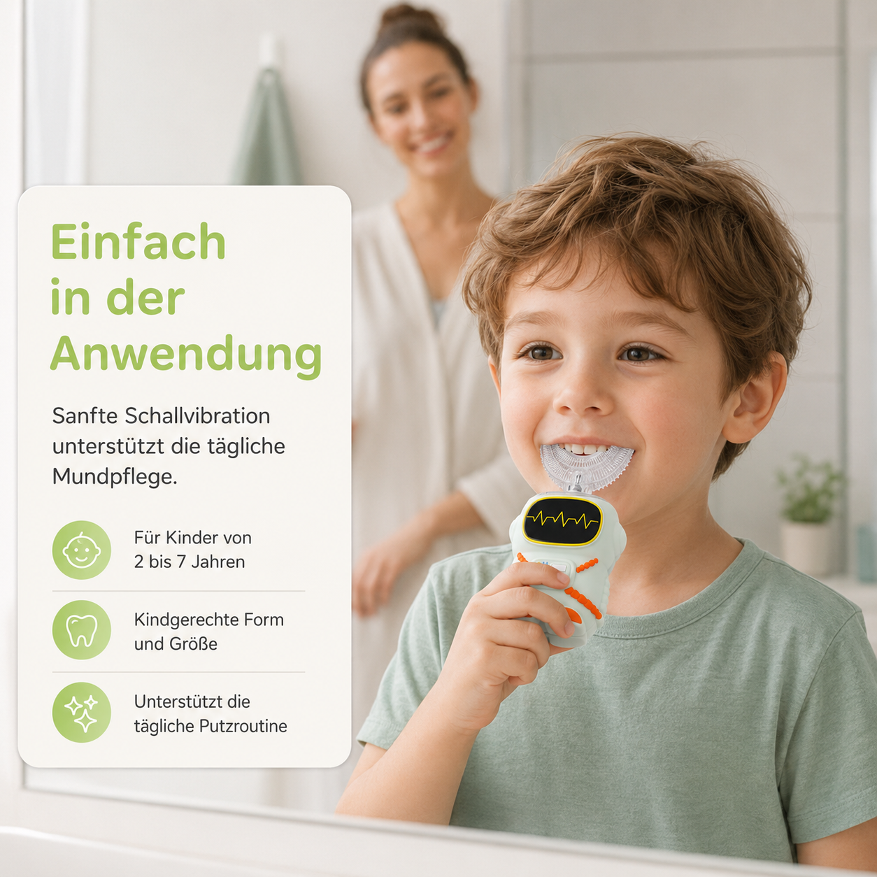 Junge mit elektrischer Zahnbürste, Mutter im Hintergrund. Einfache Anwendung.