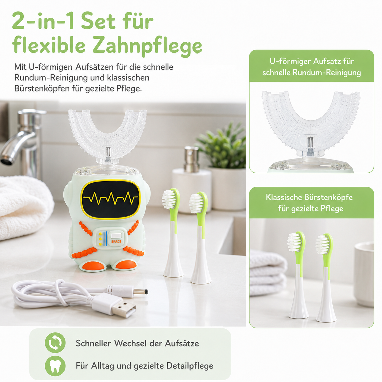 Ein elektrisches Zahnbürsten-Set mit Astronauten-Design, U-förmigem Aufsatz und Ersatzbürsten.
