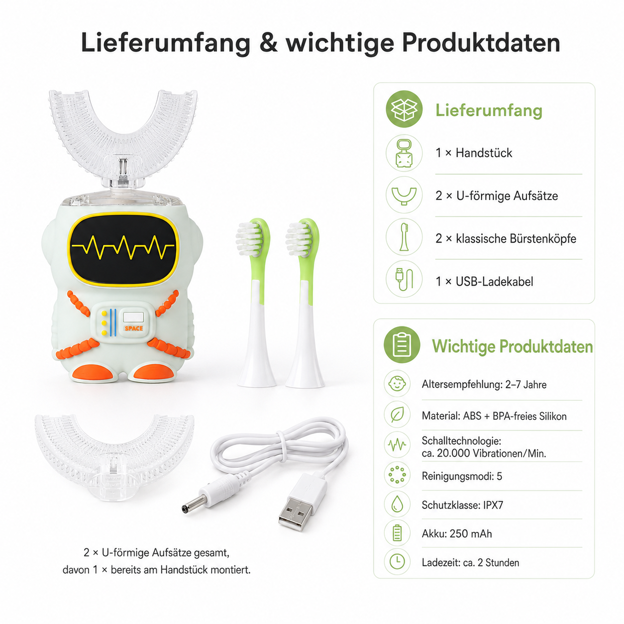 Lieferumfang und Produktdaten eines elektrischen Zahnreinigers im Astronauten-Design mit Zubehör.