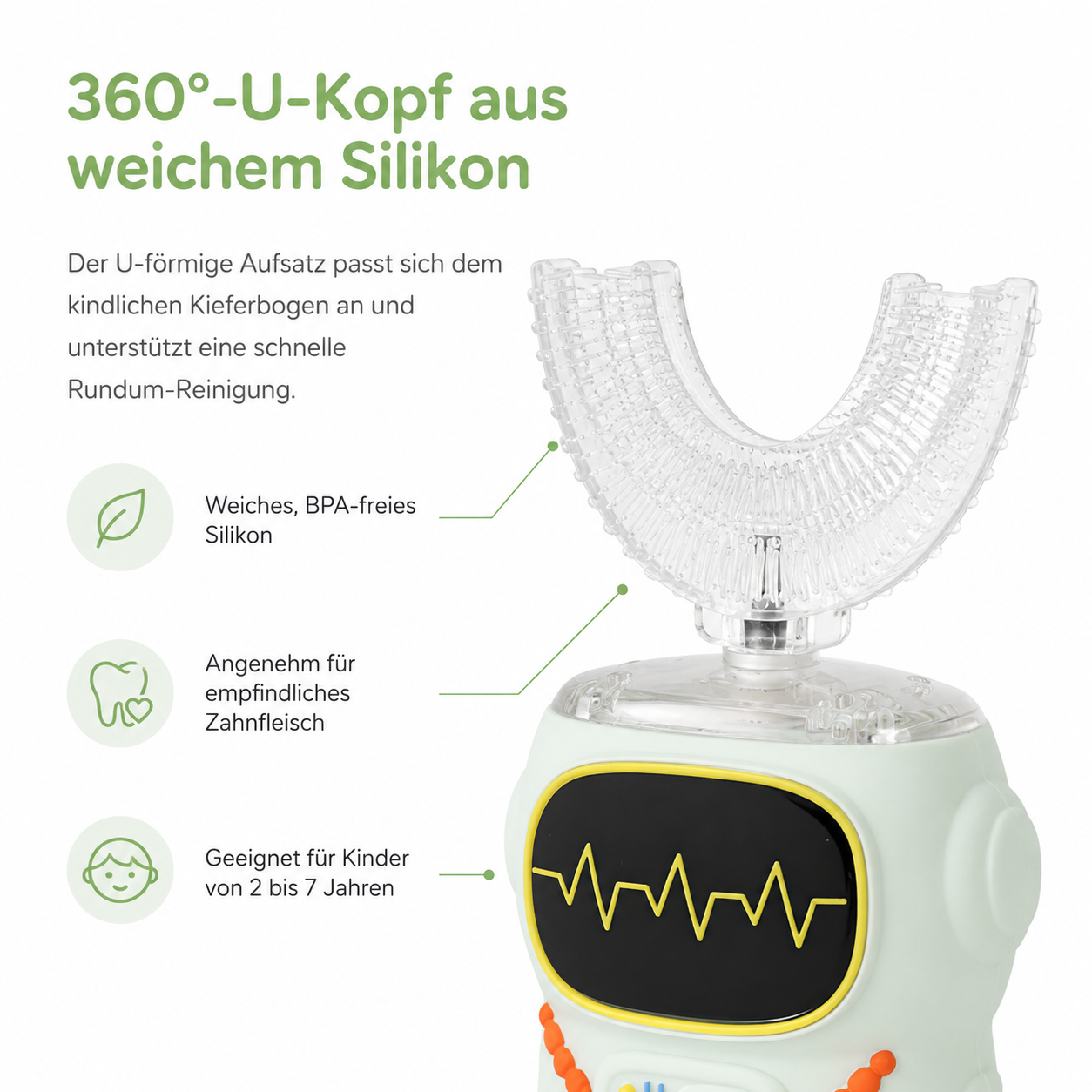 Ein hellgrünes Gerät mit einem durchsichtigen U-förmigen Silikonkopf und Text.