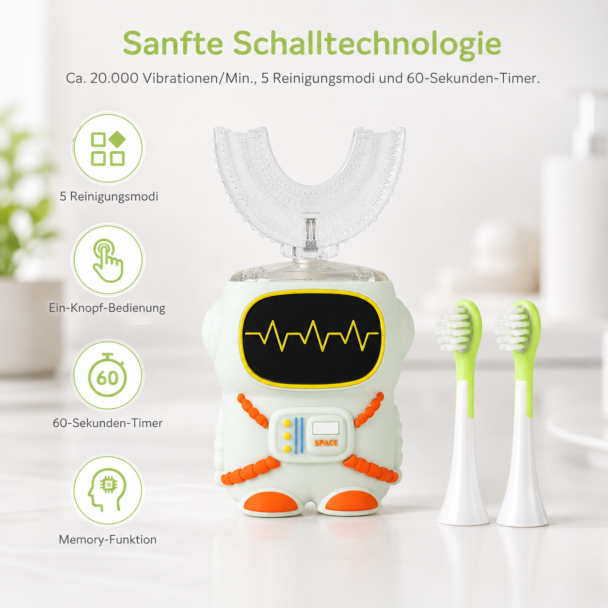 Ein futuristischer elektrischer Zahnbürstenkopf mit 2 Aufsätzen, der auf einem Roboter-förmigen Gerät steht.
