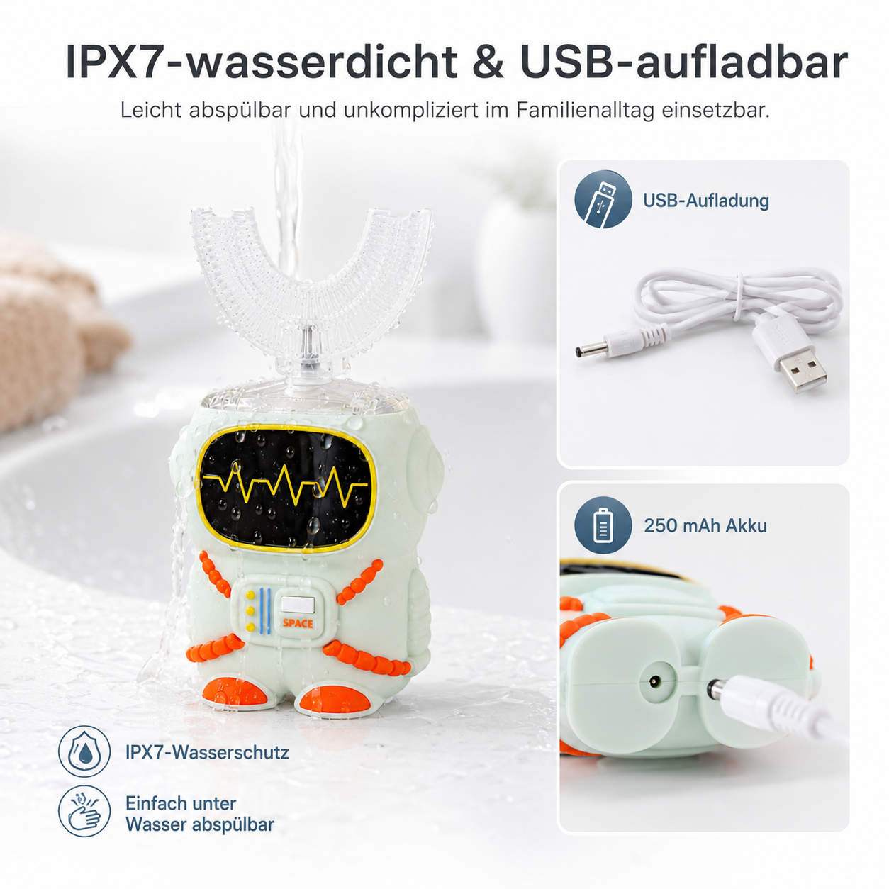 Eine hellgrüne Zahnbürste in Astronautenform mit einem U-förmigen Bürstenkopf unter Wasser.