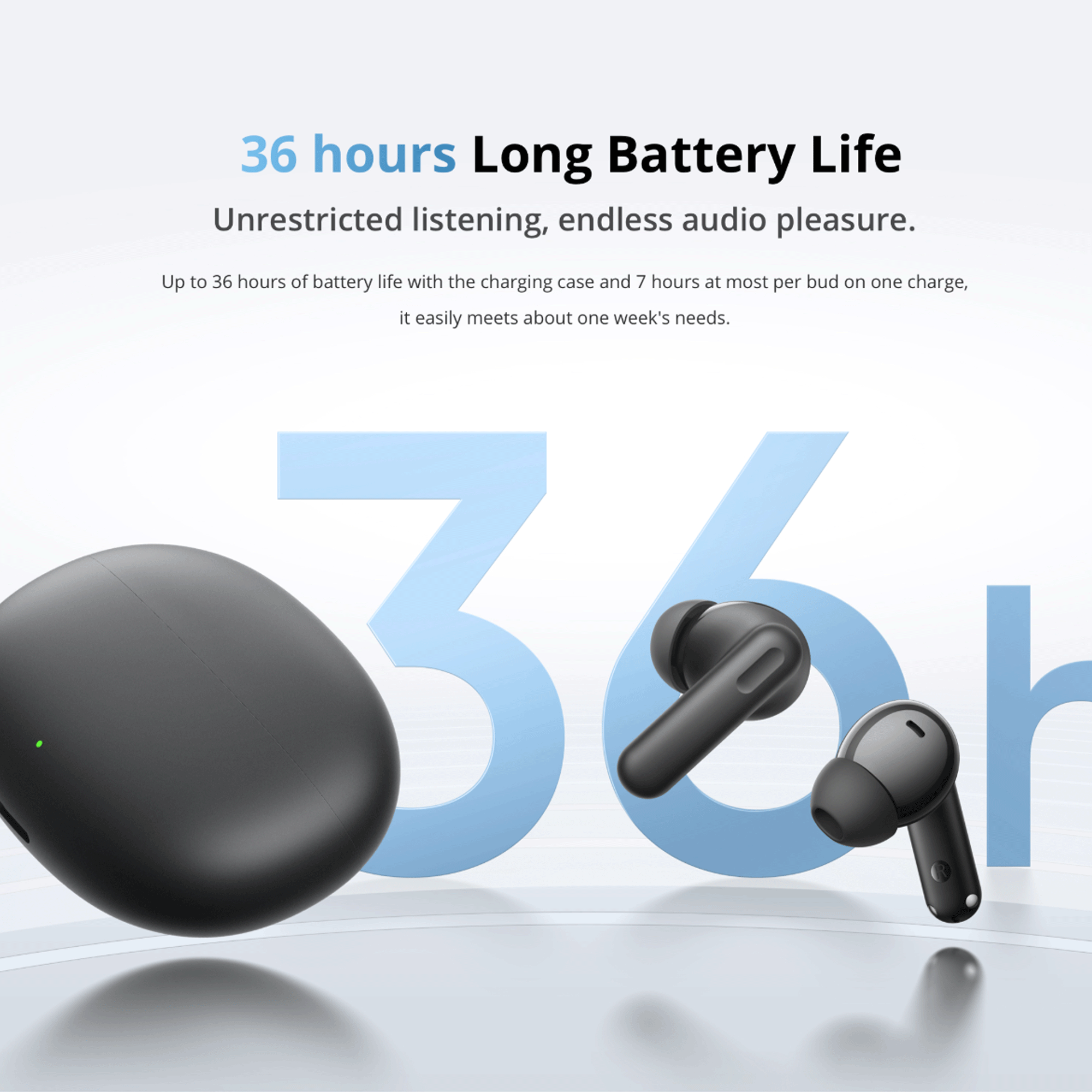 Auricolari wireless neri con custodia di ricarica, 36 ore di batteria.