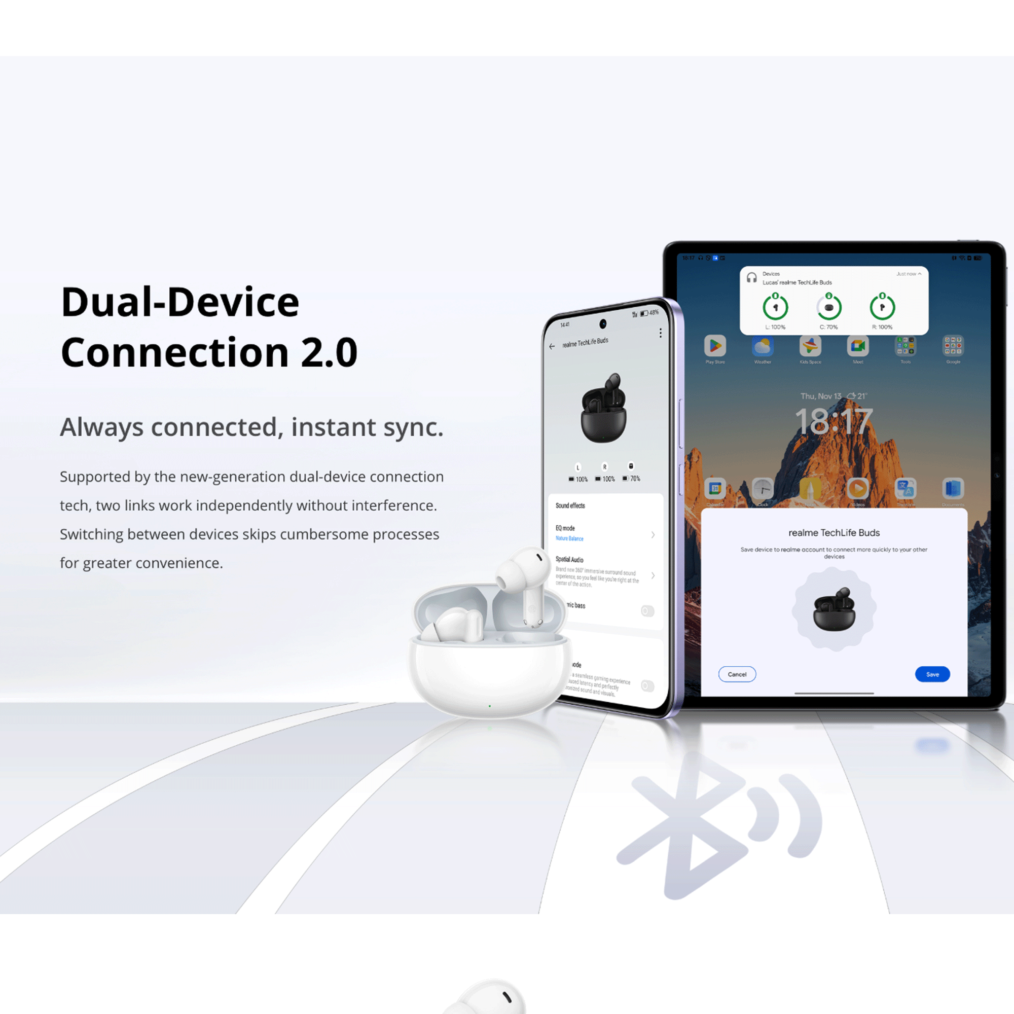 Uno smartphone e un tablet mostrano la connessione dei Realme TechLife Buds.