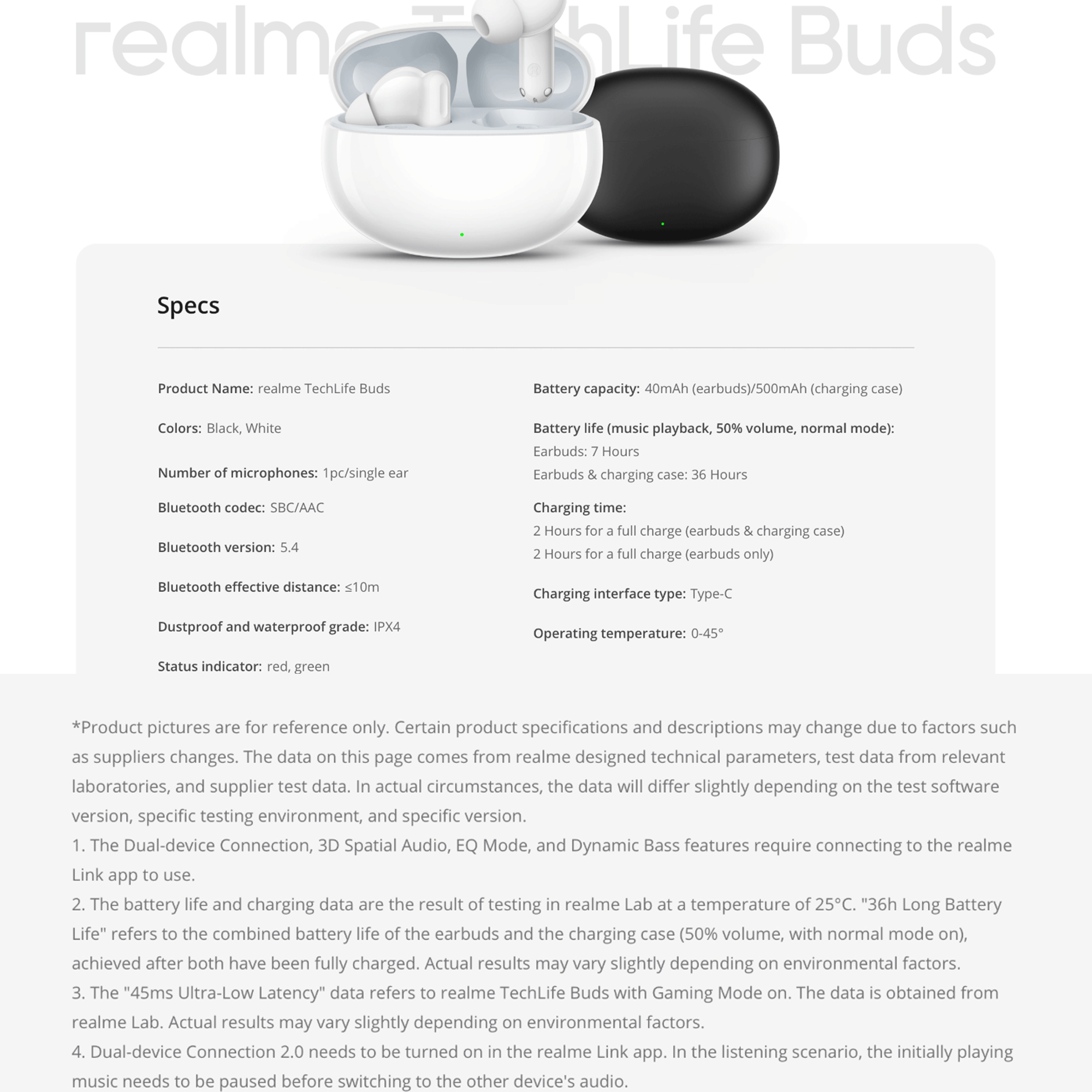 Auricolari Realme TechLife bianchi e neri con custodia di ricarica. Specifiche elencate.