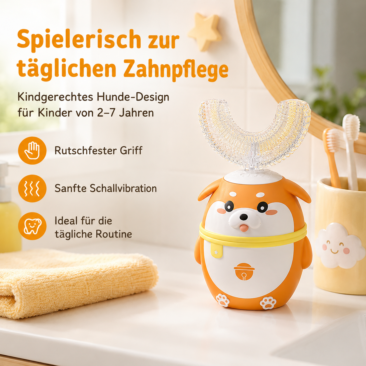Ein orangefarbener Hunde-Zahnbürstenhalter mit einer U-förmigen Bürste.