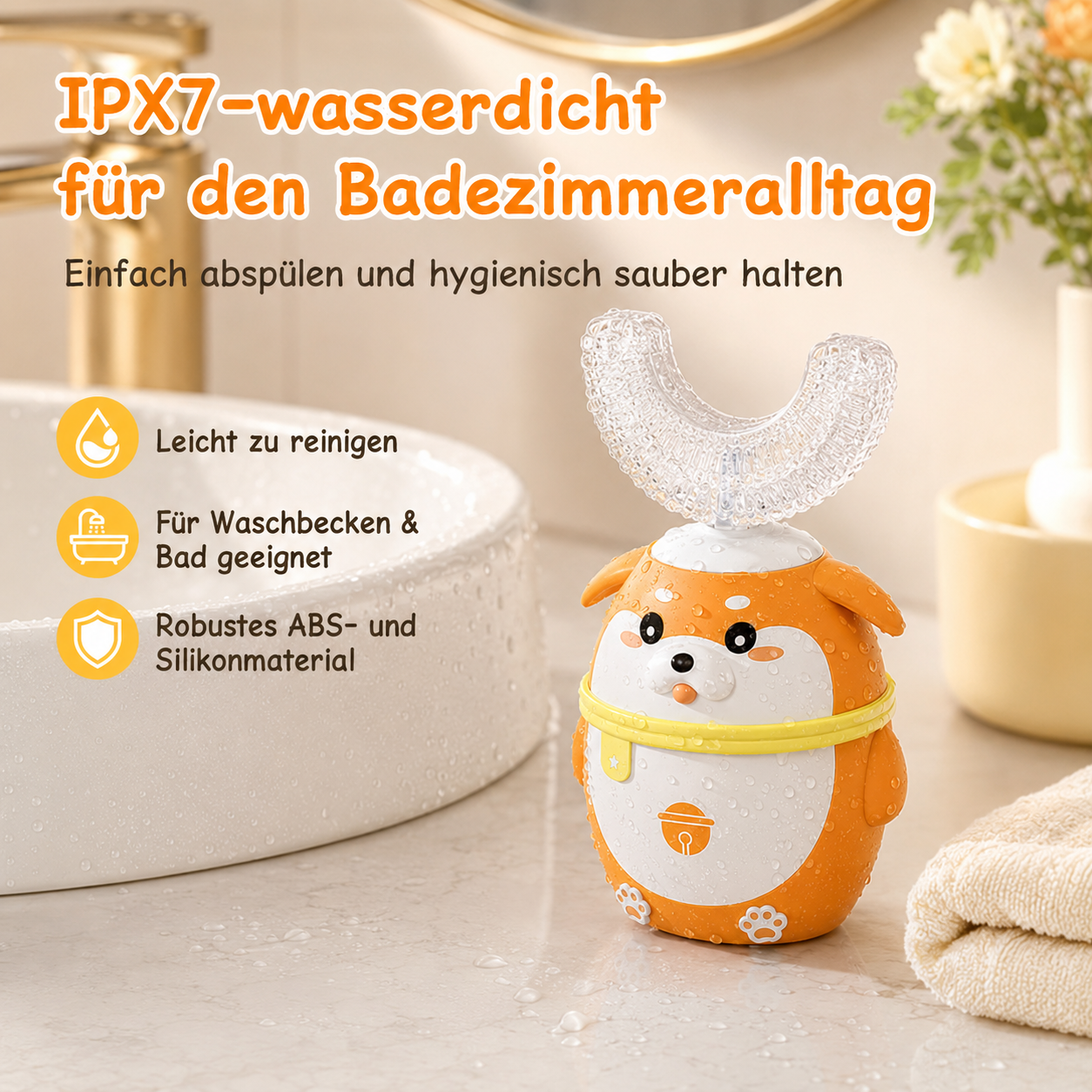 Ein wasserdichter Hunde-Zahnbürstenhalter mit U-förmiger Bürste steht neben einem Waschbecken.