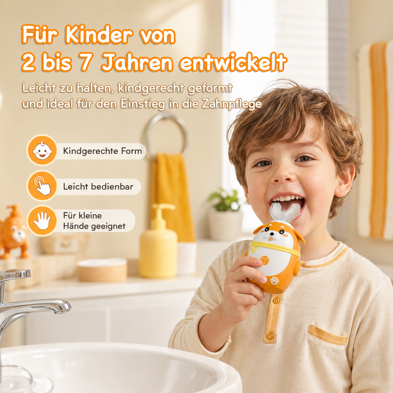 Ein Junge mit einem Hunde-Zahnbürsten-Design benutzt die Zahnbürste.