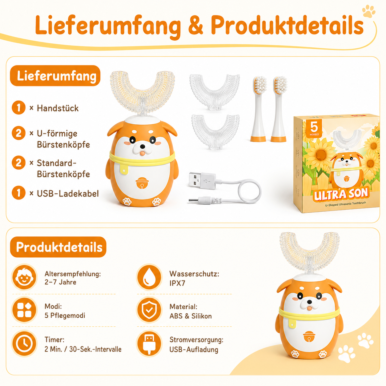 Produktübersicht: Hund-förmige Zahnbürste mit Zubehör, Ladekabel und Box.