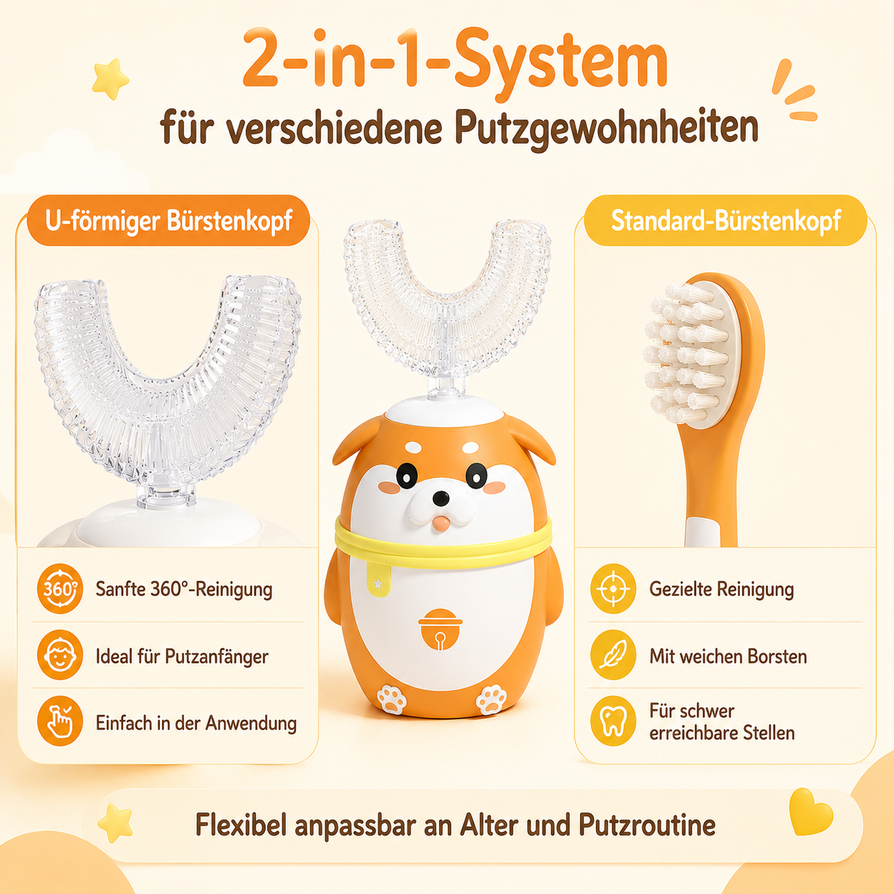 Ein 2-in-1-System mit U-förmigem und Standard-Bürstenkopf für Kinder.