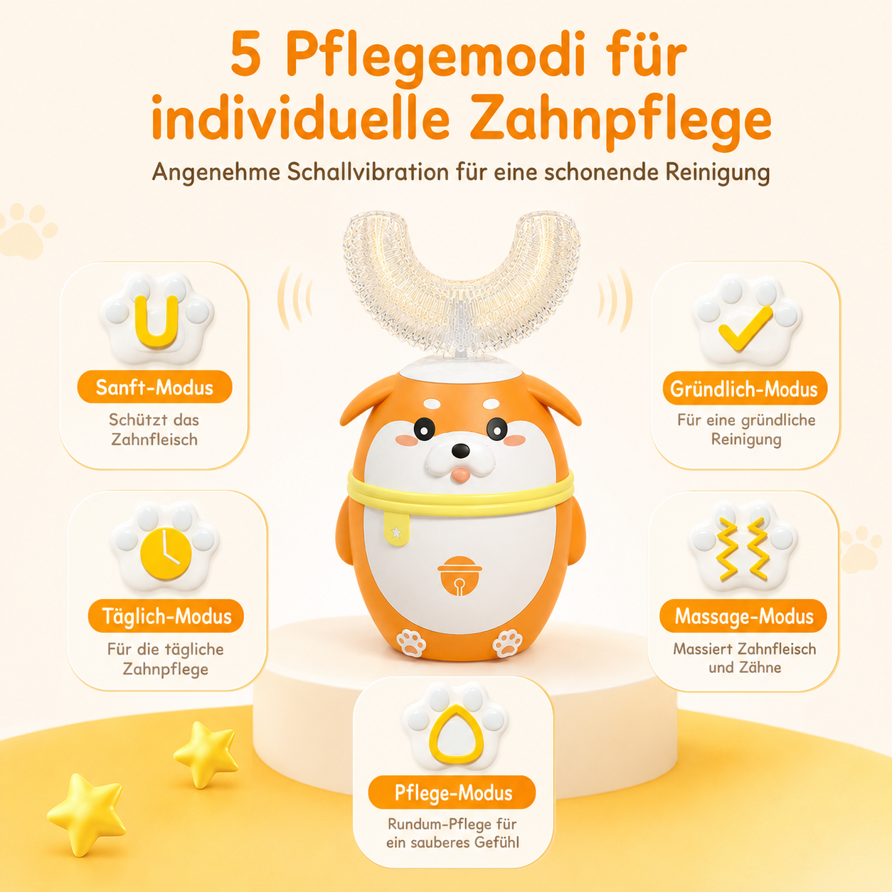 Orange Hundezahnbürste mit 5 Reinigungsmodi: Sanft, Täglich, Pflege, Gründlich, Massage.