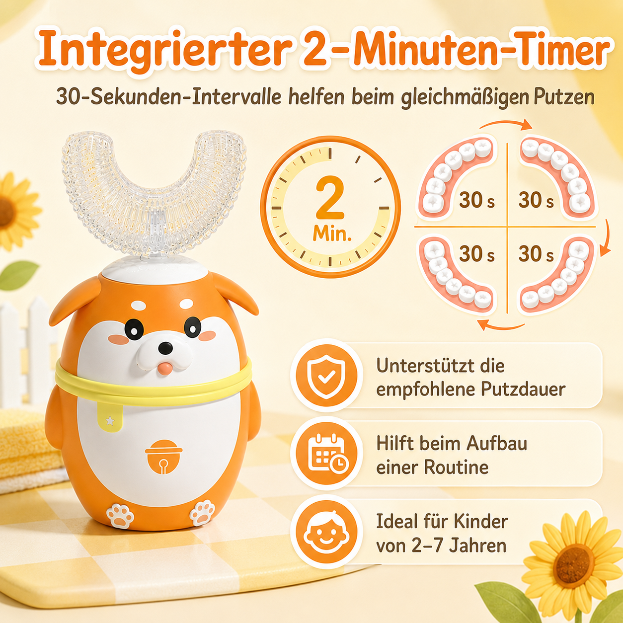 Ein orangefarbener Hunde-Zahnbürstenhalter mit U-förmiger Bürste, 2-Minuten-Timer und 30s-Intervallen.