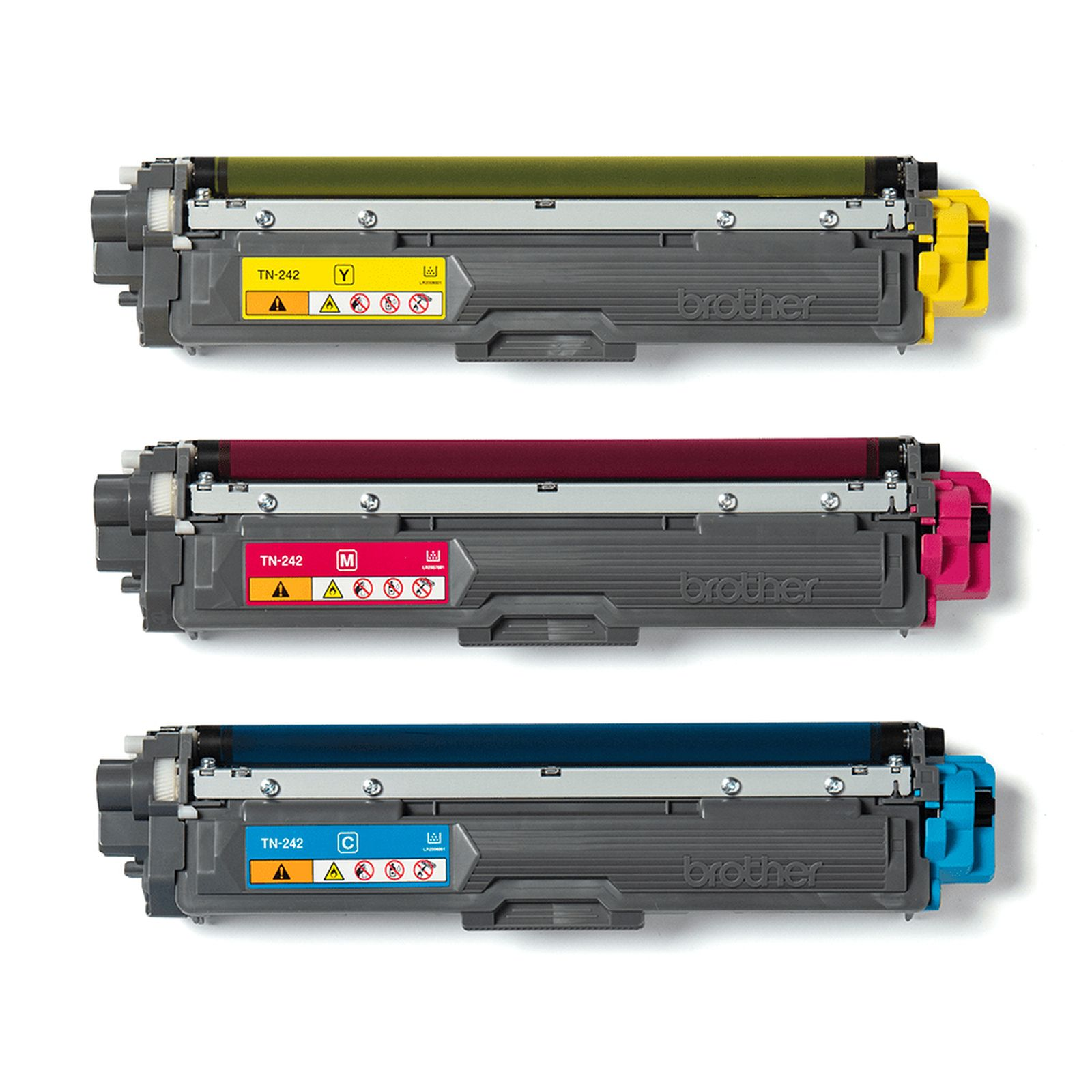 Three Brother TN-242 toner cartridges: yellow, magenta, and cyan.