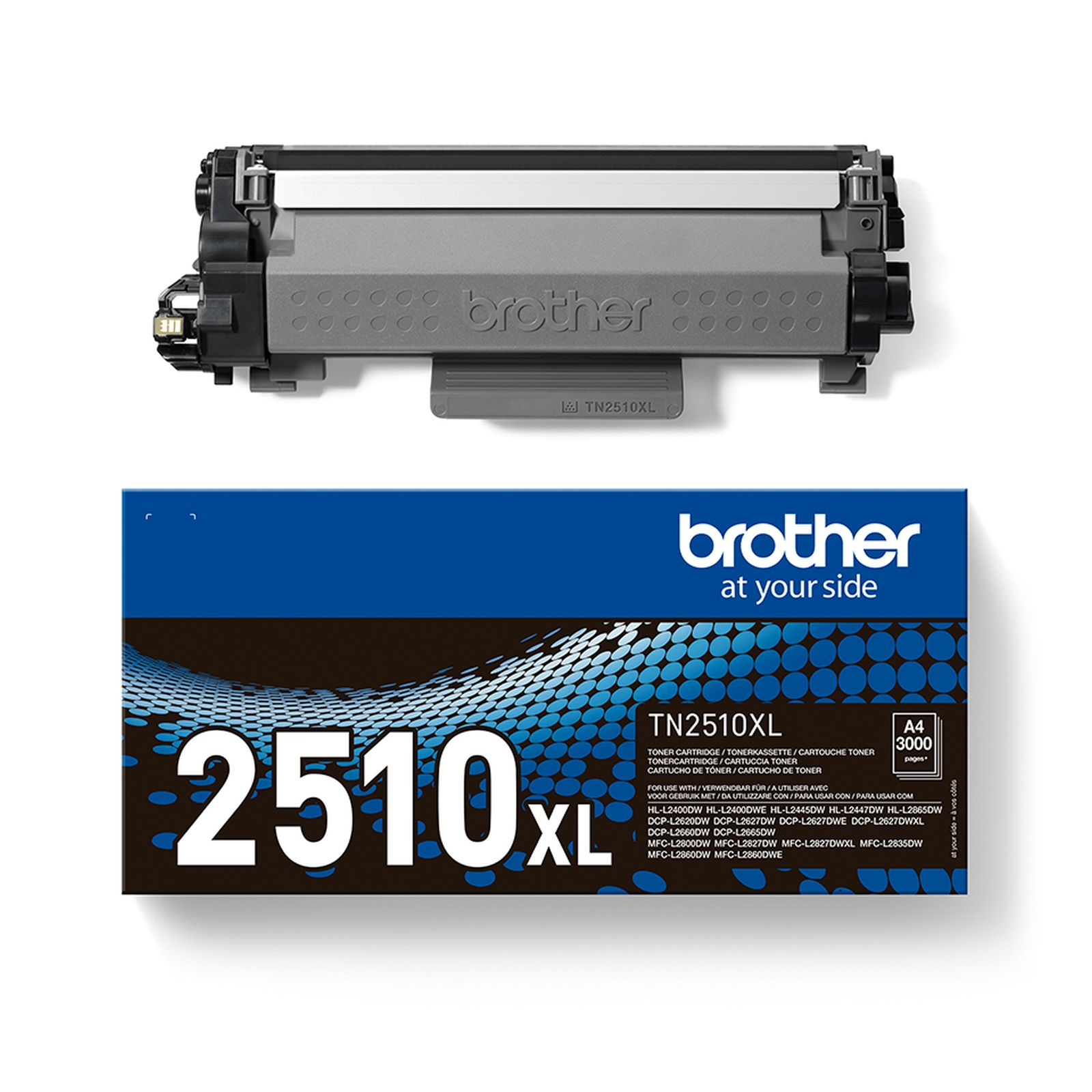 A Brother TN2510XL toner cartridge, black and gray.