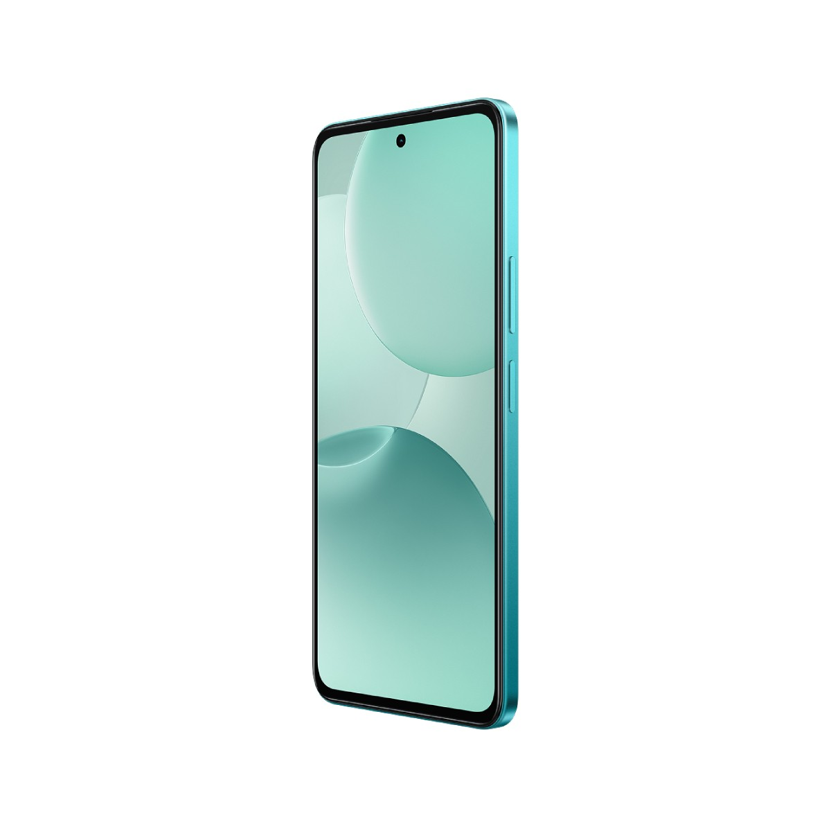 Uno smartphone verde acqua con schermo intero e una singola fotocamera frontale.