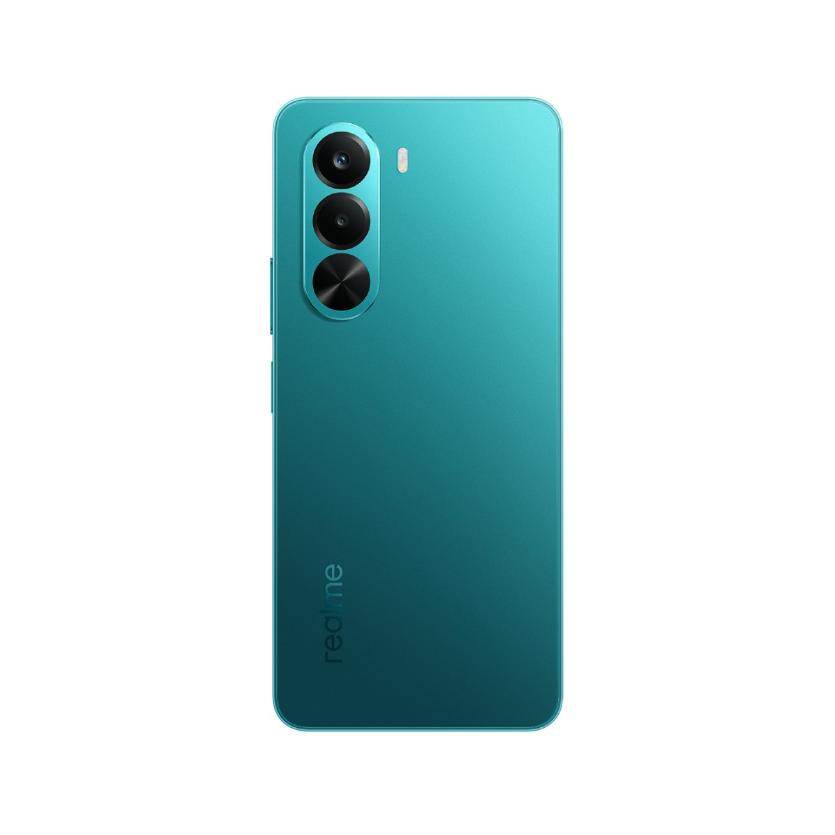 Retro di uno smartphone turchese con tre fotocamere e il logo Realme.