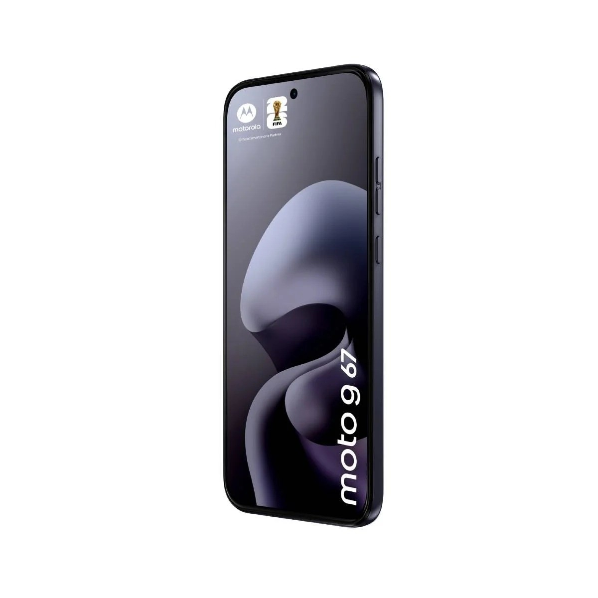 Uno smartphone Motorola moto g 67 scuro con logo FIFA sullo schermo.