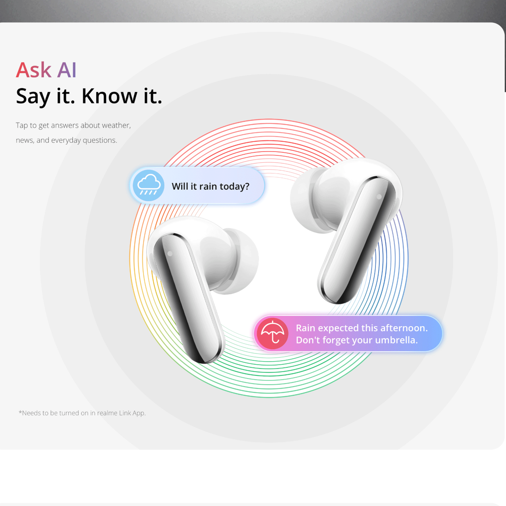 Auriculares blancos con IA que predice lluvia.