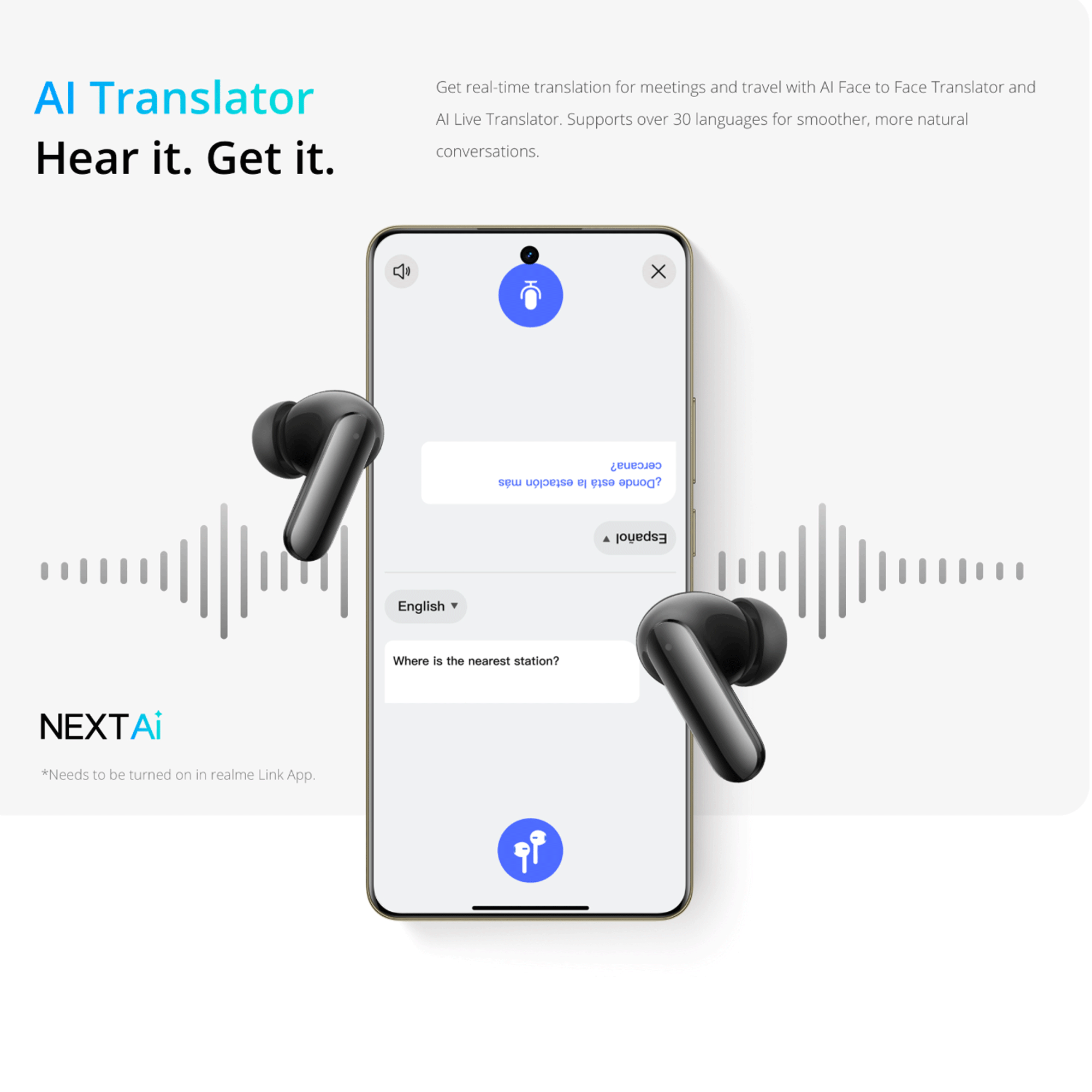 KI-Übersetzer-App mit Ohrhörern und Wellenform-Audioanzeige.