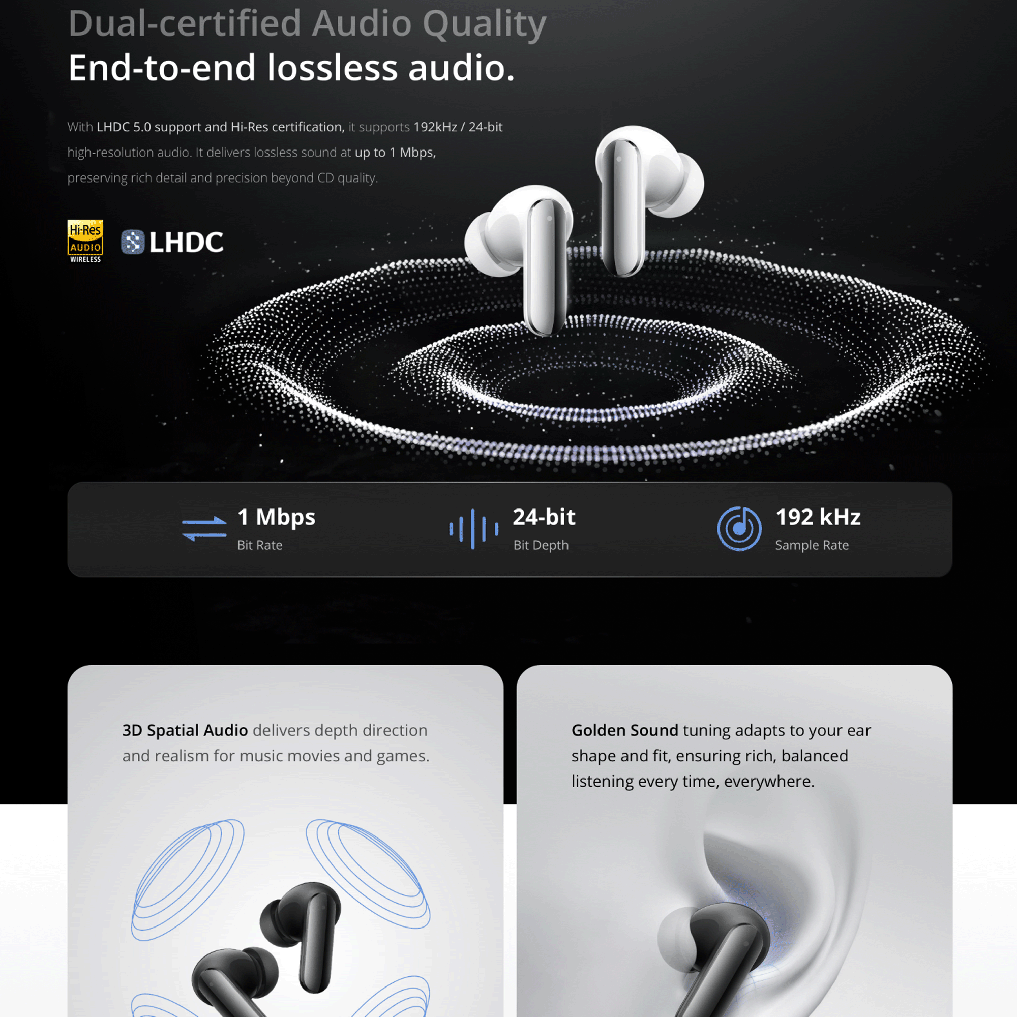 Auriculares inalámbricos con audio Hi-Res y LHDC, bitrate de 1 Mbps, 24 bits y 192 kHz.