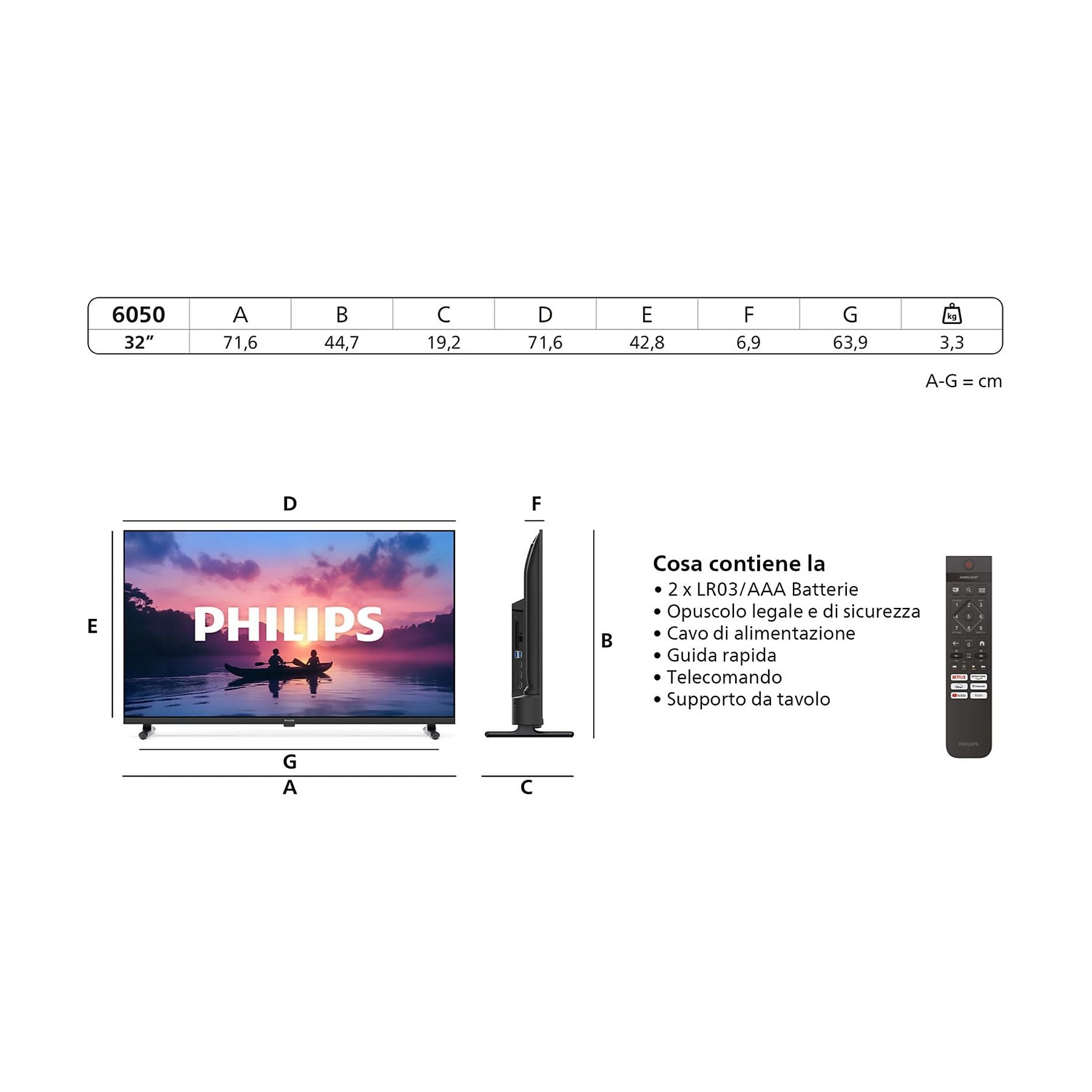 Rysunek techniczny 32-calowego telewizora Philips z wymiarami i akcesoriami.