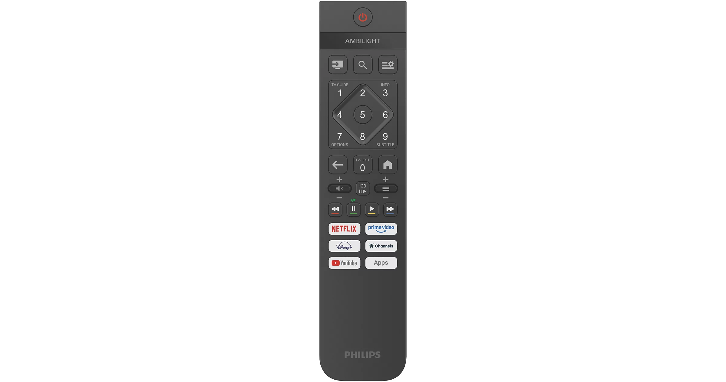 Ciemny pilot z przyciskami do aplikacji takich jak Netflix i YouTube.