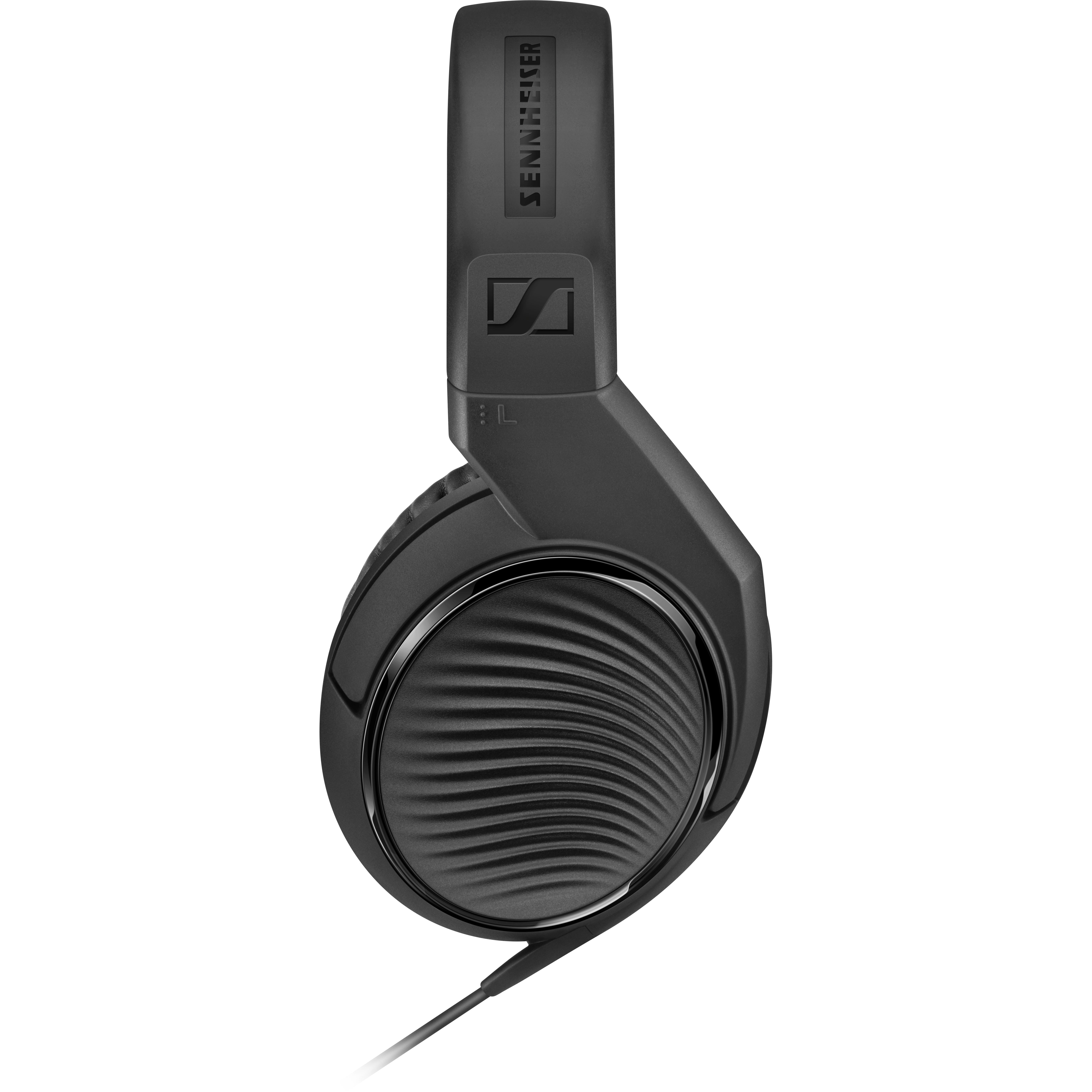 Cuffie Sennheiser nere con padiglione a coste e cavo.