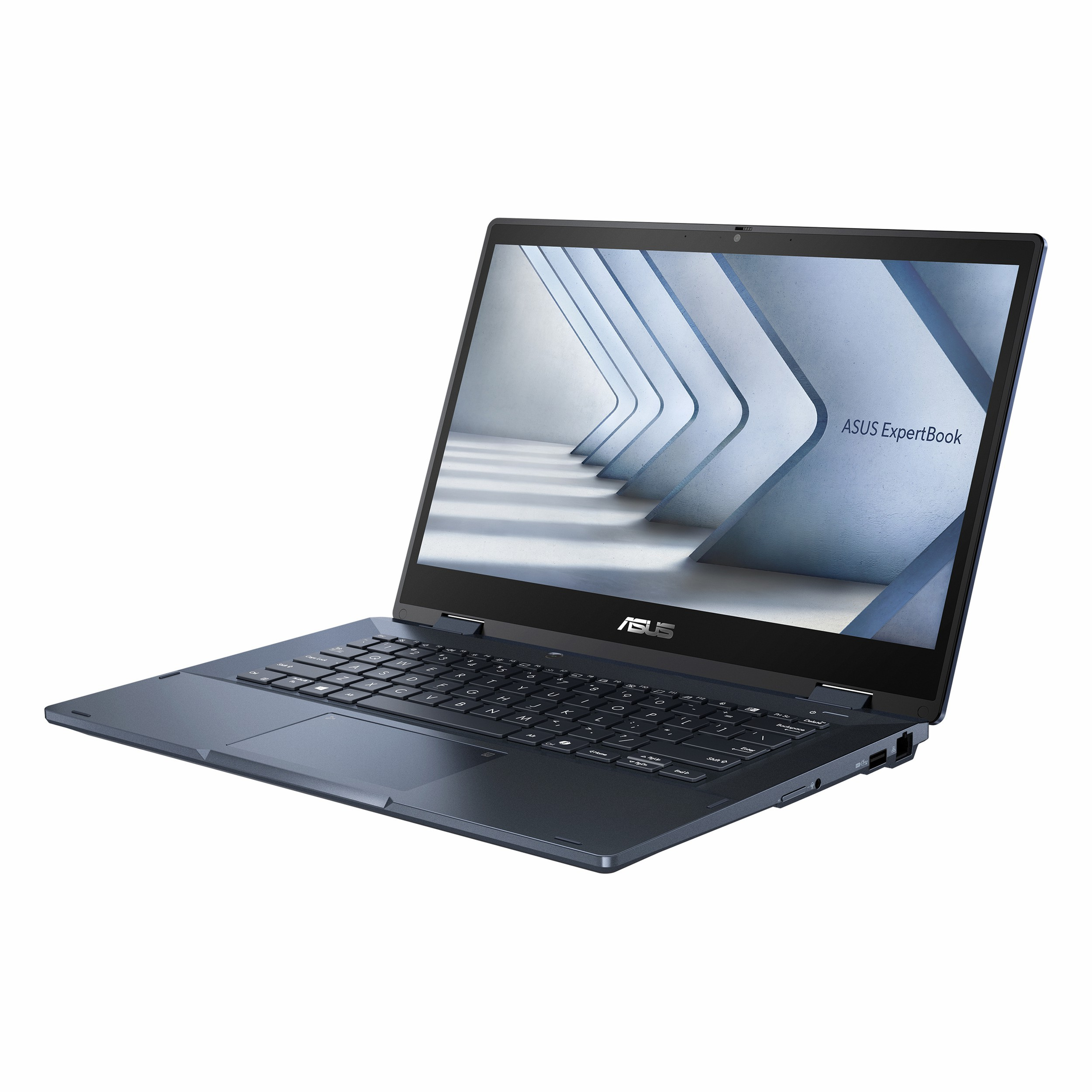 Koyu mavi bir ASUS ExpertBook dizüstü bilgisayar açık, ekranı görünüyor.