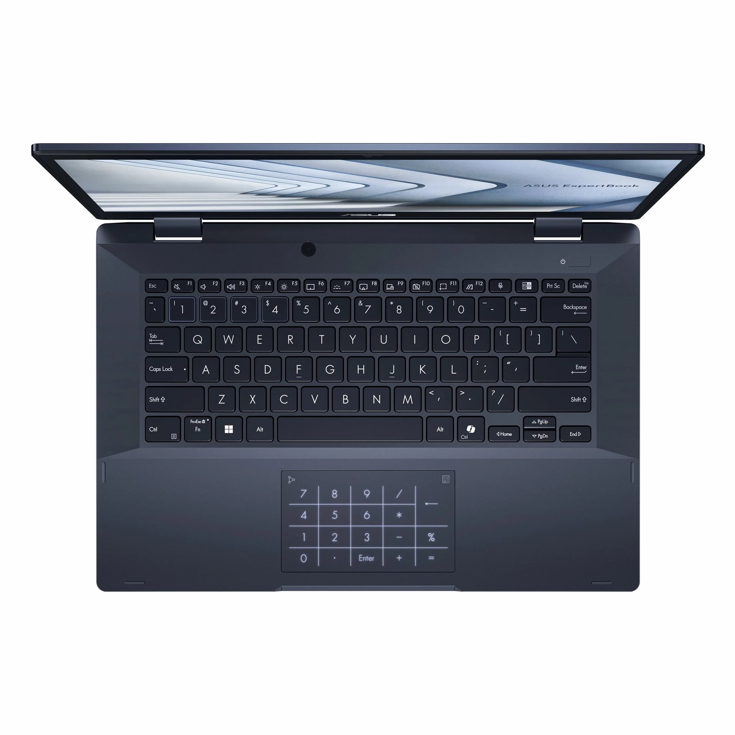 Klavye ve sayısal tuş takımına sahip açık, lacivert ASUS ExpertBook dizüstü bilgisayar.