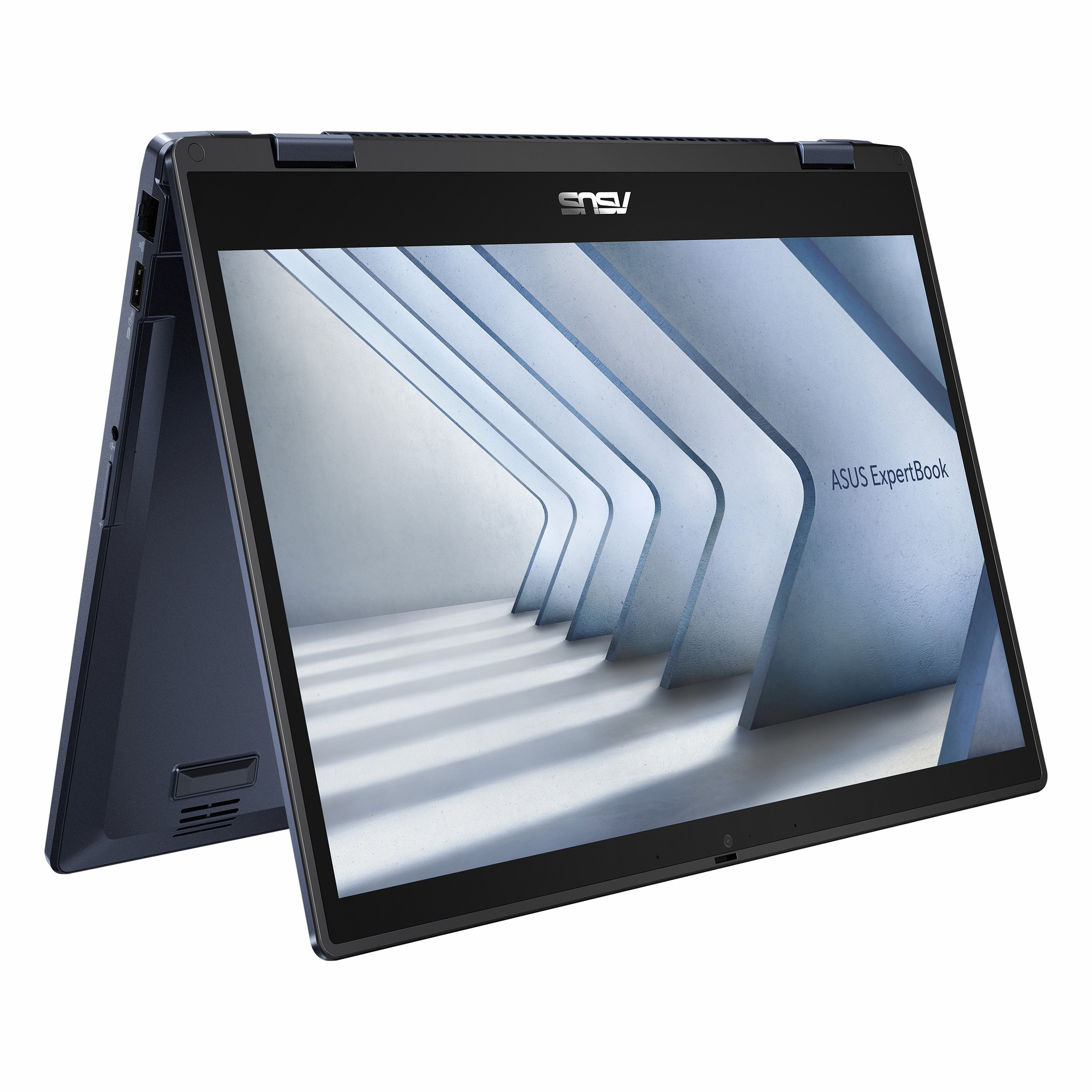 Ekranı açık, soyut grafikler gösteren koyu renkli bir Asus ExpertBook dönüştürülebilir dizüstü bilgisayar.