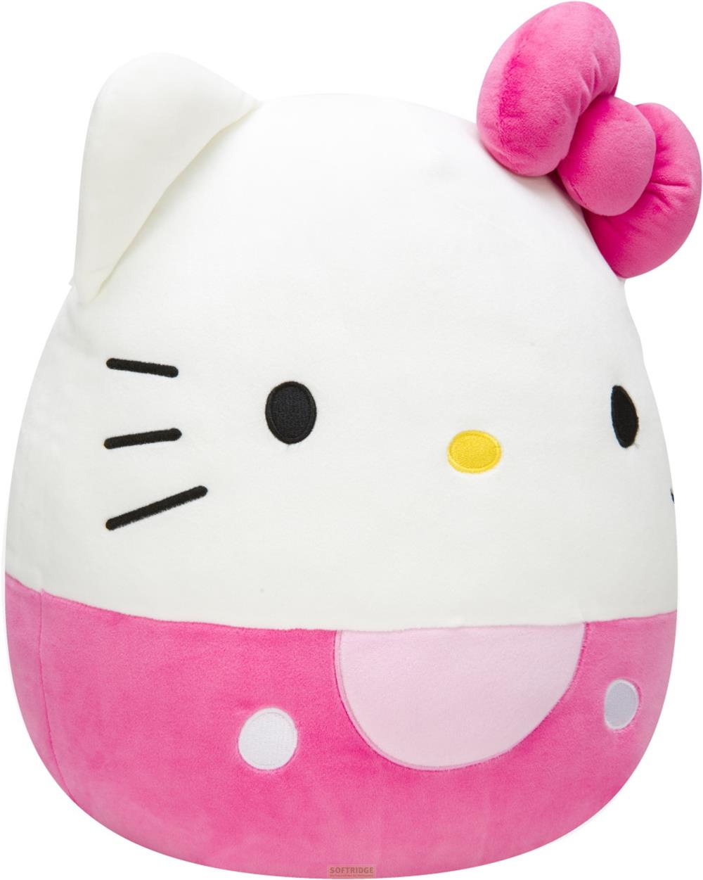 Ein weißer Hello Kitty Plüsch mit rosa Schleife und pinkem Unterteil.