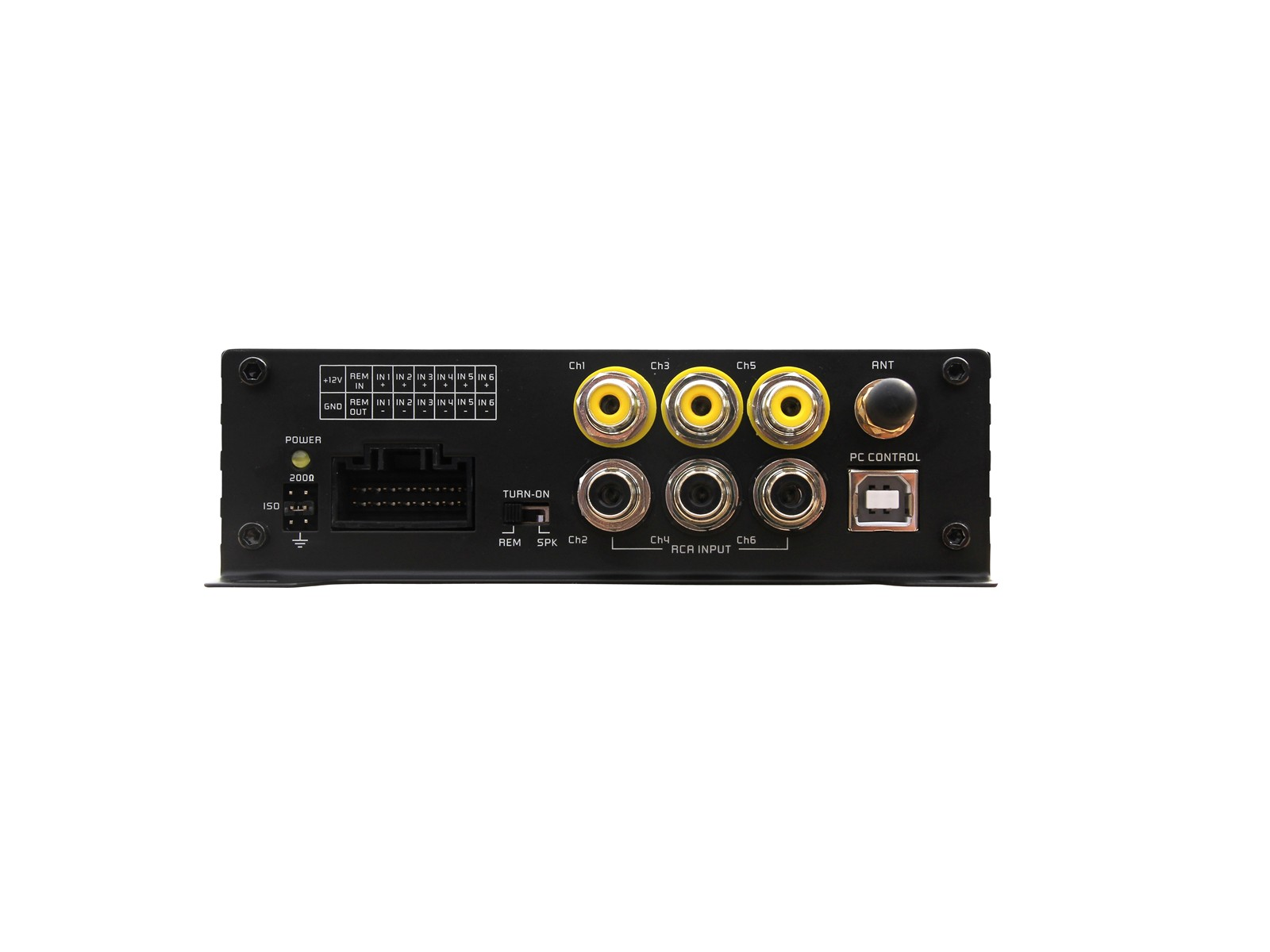 Rückseite eines schwarzen Geräts mit Anschlüssen: Strom, Cinch, Antenne, USB und Lautsprecher.