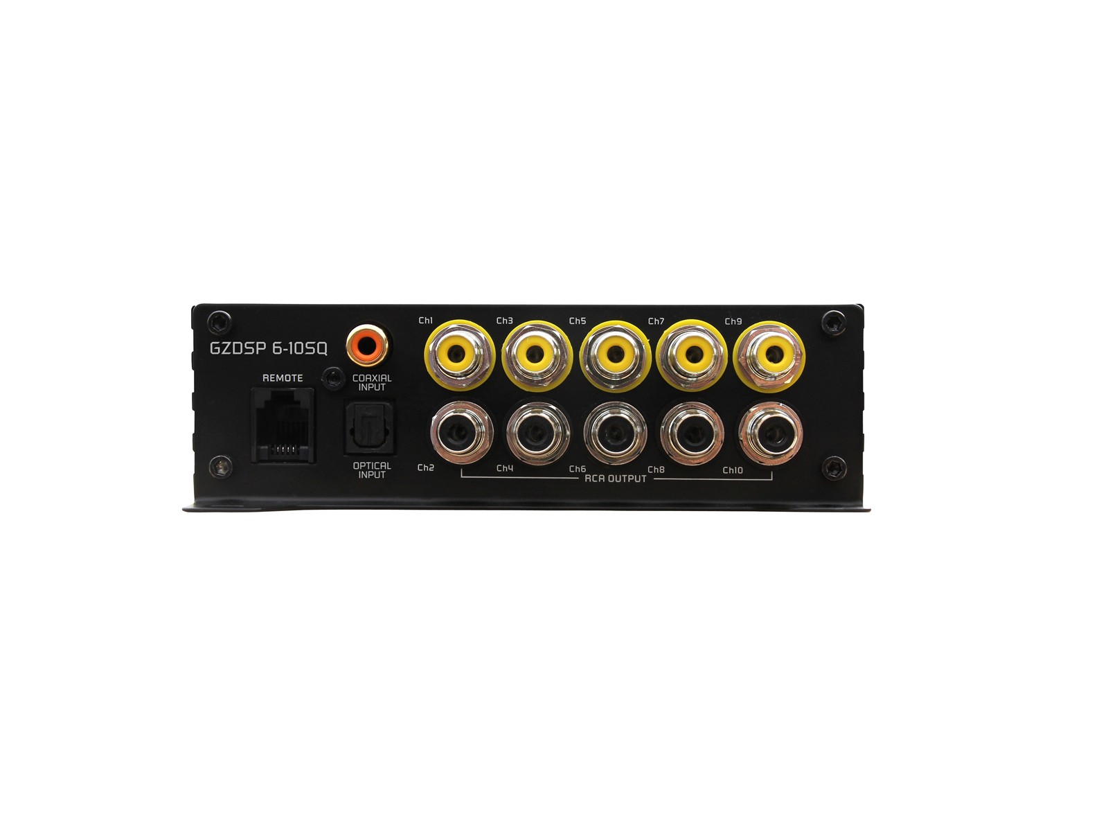 Rückseite eines GZDSP 6-1050 mit Anschlüssen: Remote, Koaxial, Optisch, 5x Cinch-Ausgänge oben, 5x Cinch-Ausgänge unten.