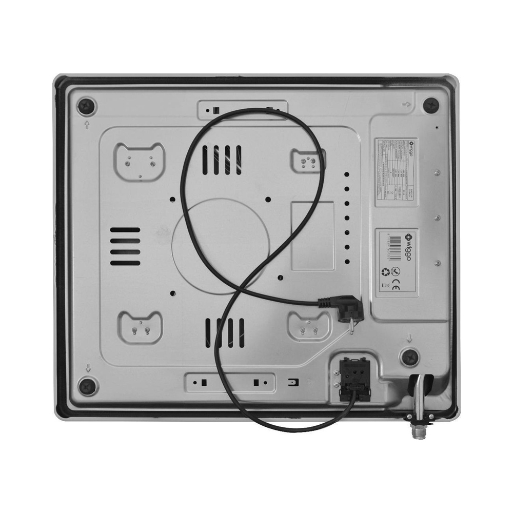 Underside of a stovetop with cables, vents, and labels.