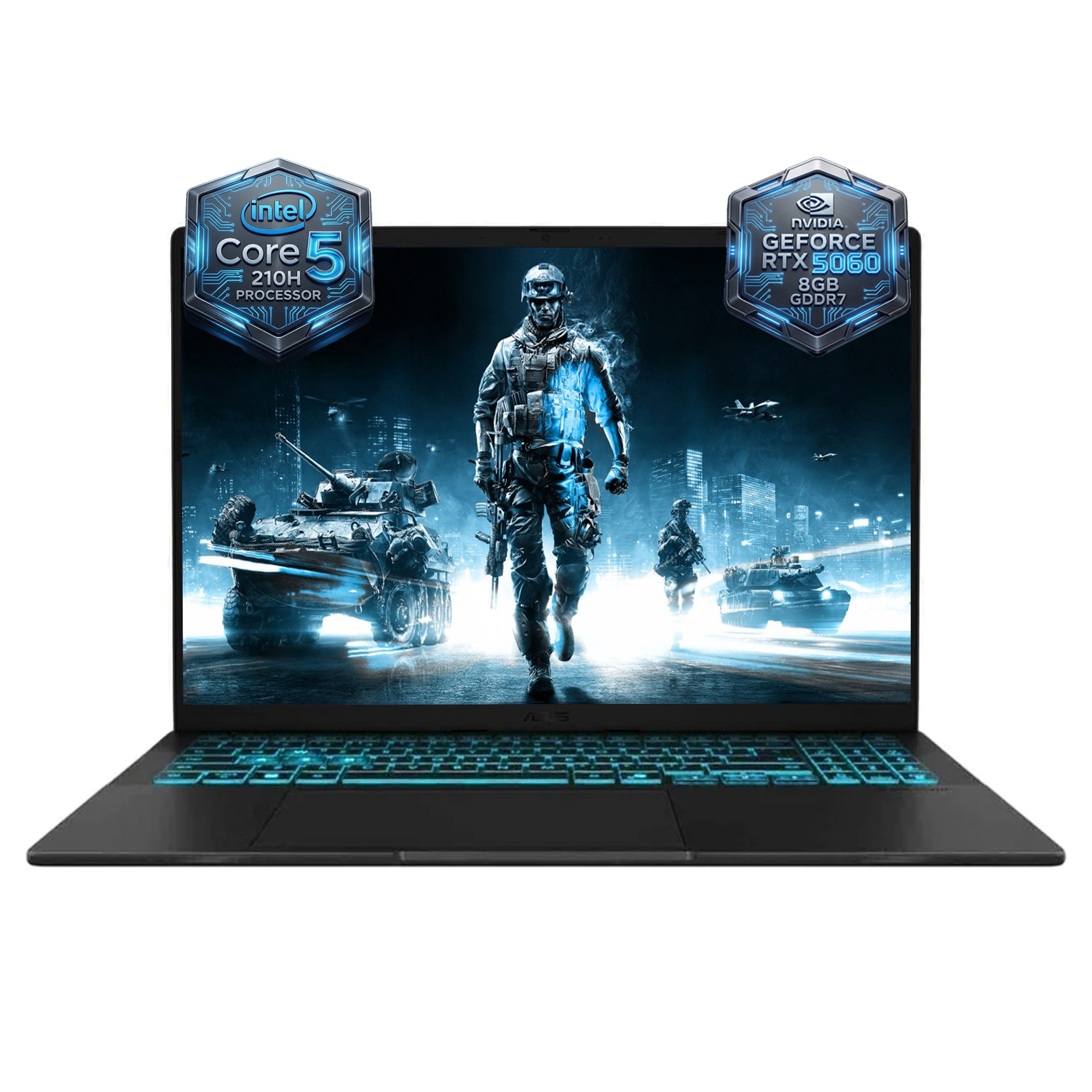 Intel Core i5 ve RTX 5060 işlemcili dizüstü bilgisayar, savaş oyunu sahnesi gösteriyor.