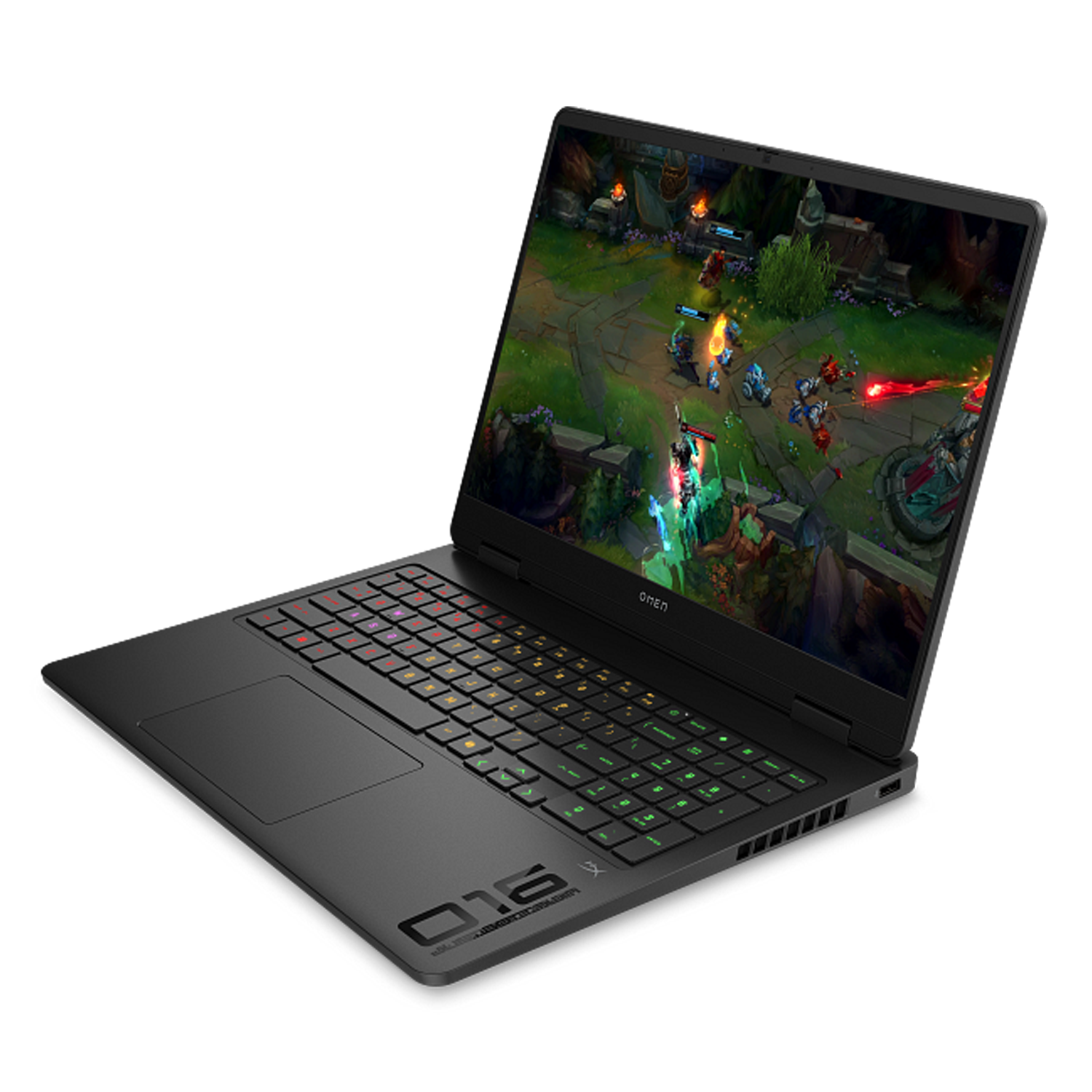 Siyah bir Omen oyun dizüstü bilgisayarı ekranda canlı bir League of Legends maçı gösteriyor.