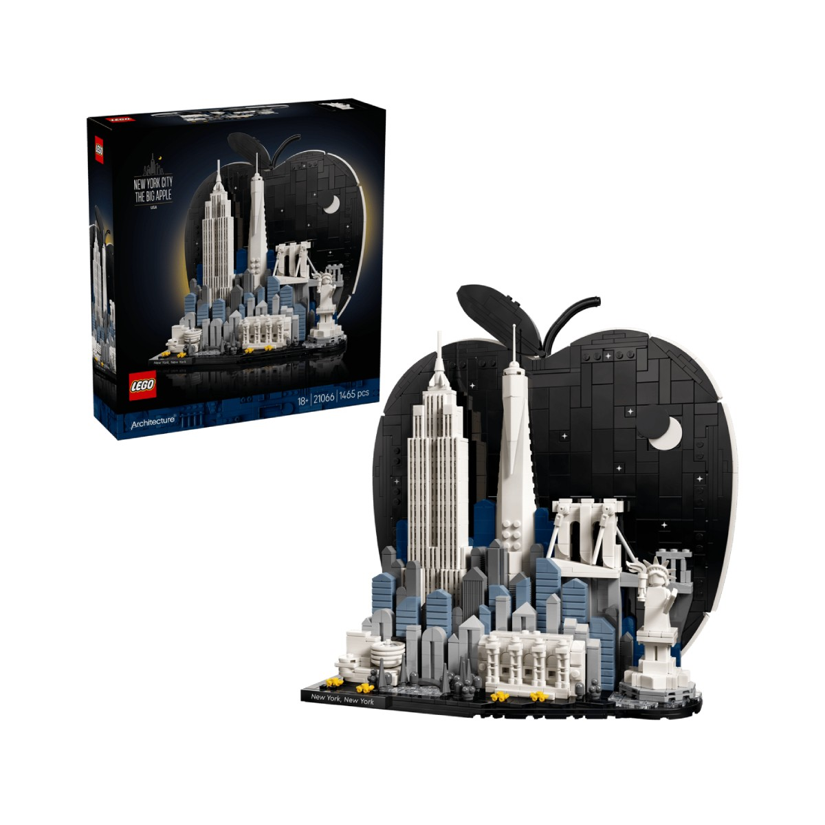 Modelo LEGO del horizonte de Nueva York con forma de manzana, con el Empire State Building.