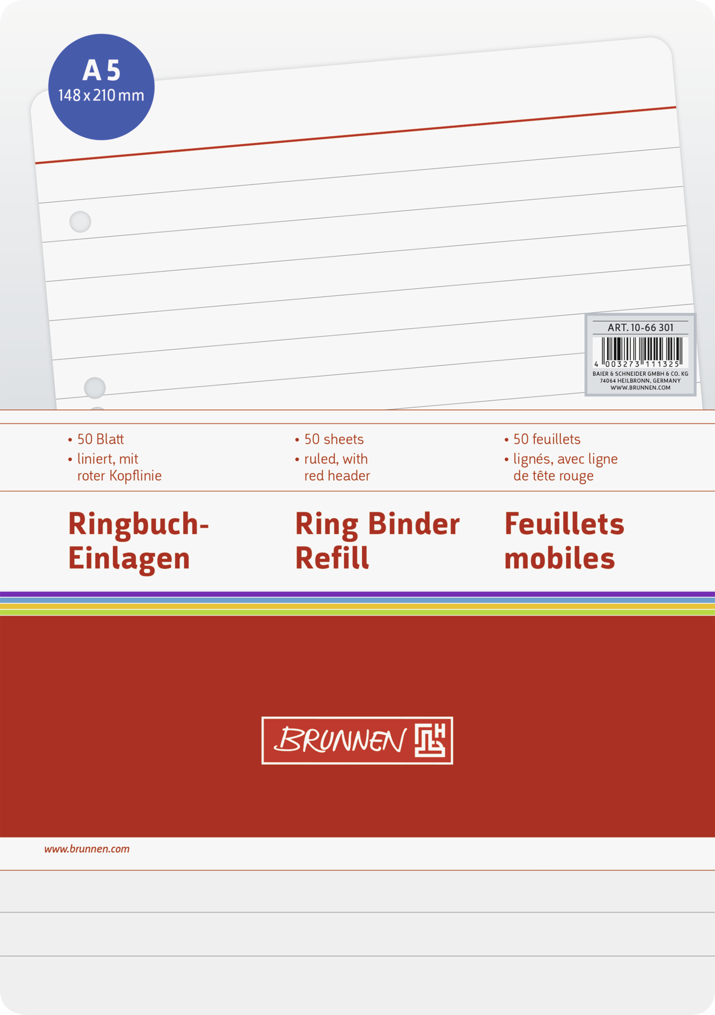 A5 Ringbuch-Einlagen: 50 Blatt, liniert, mit roter Kopflinie.
