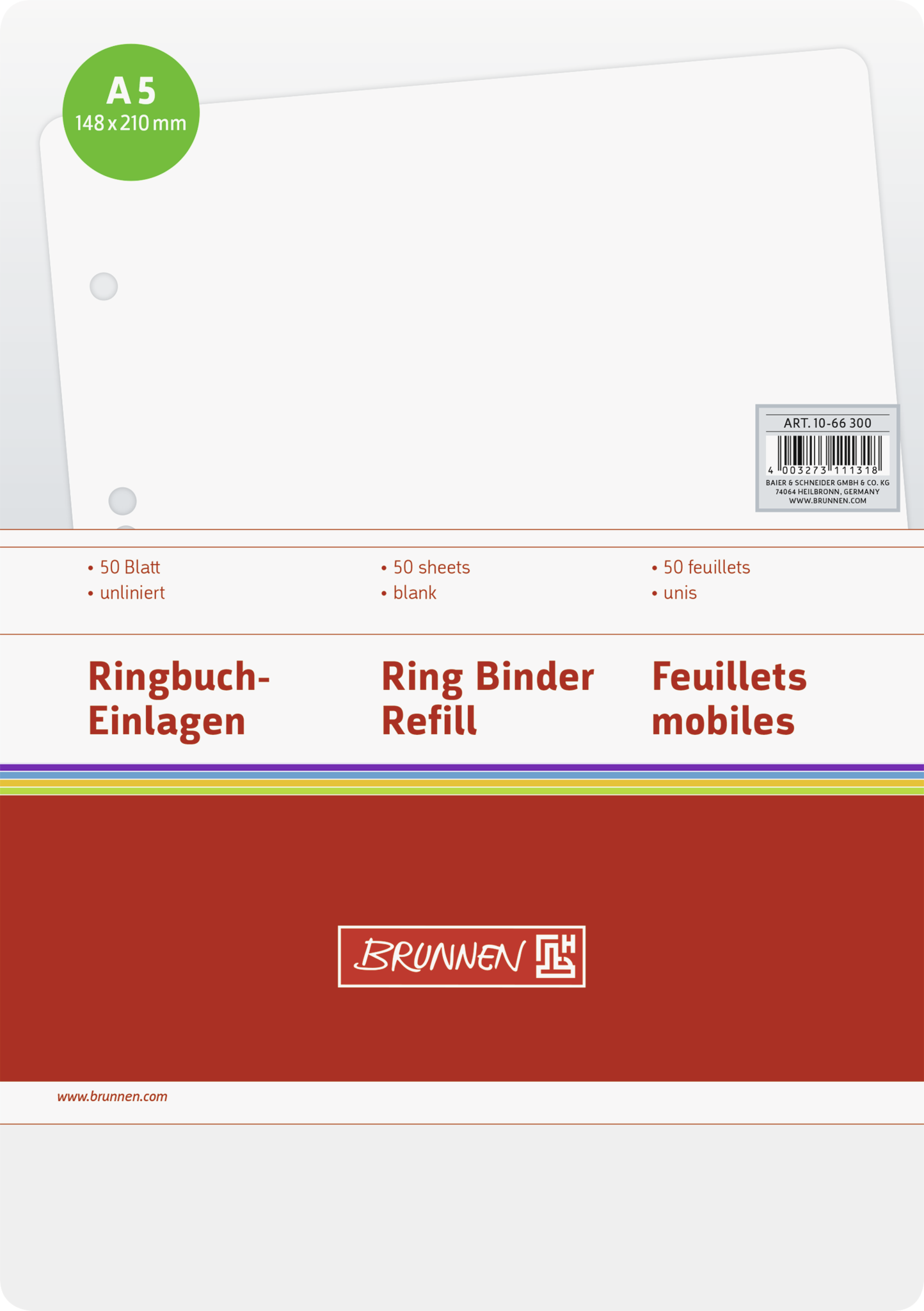 A5 Ringbuchpapier mit 50 Blatt, unliniertes, leeres Papier für Ringbücher.