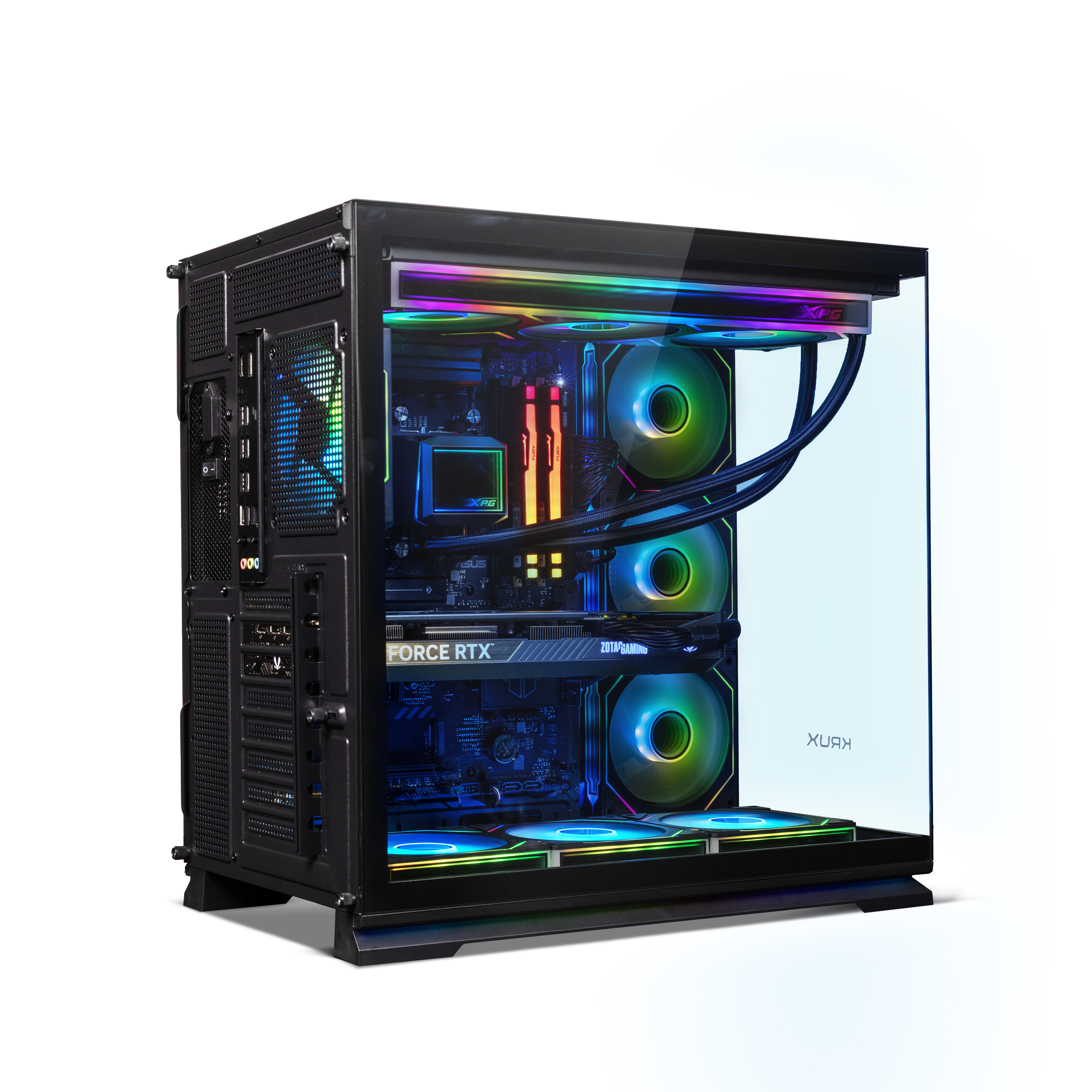Ein Gaming-PC mit RGB-Beleuchtung, Glasgehäuse und sichtbaren Komponenten.