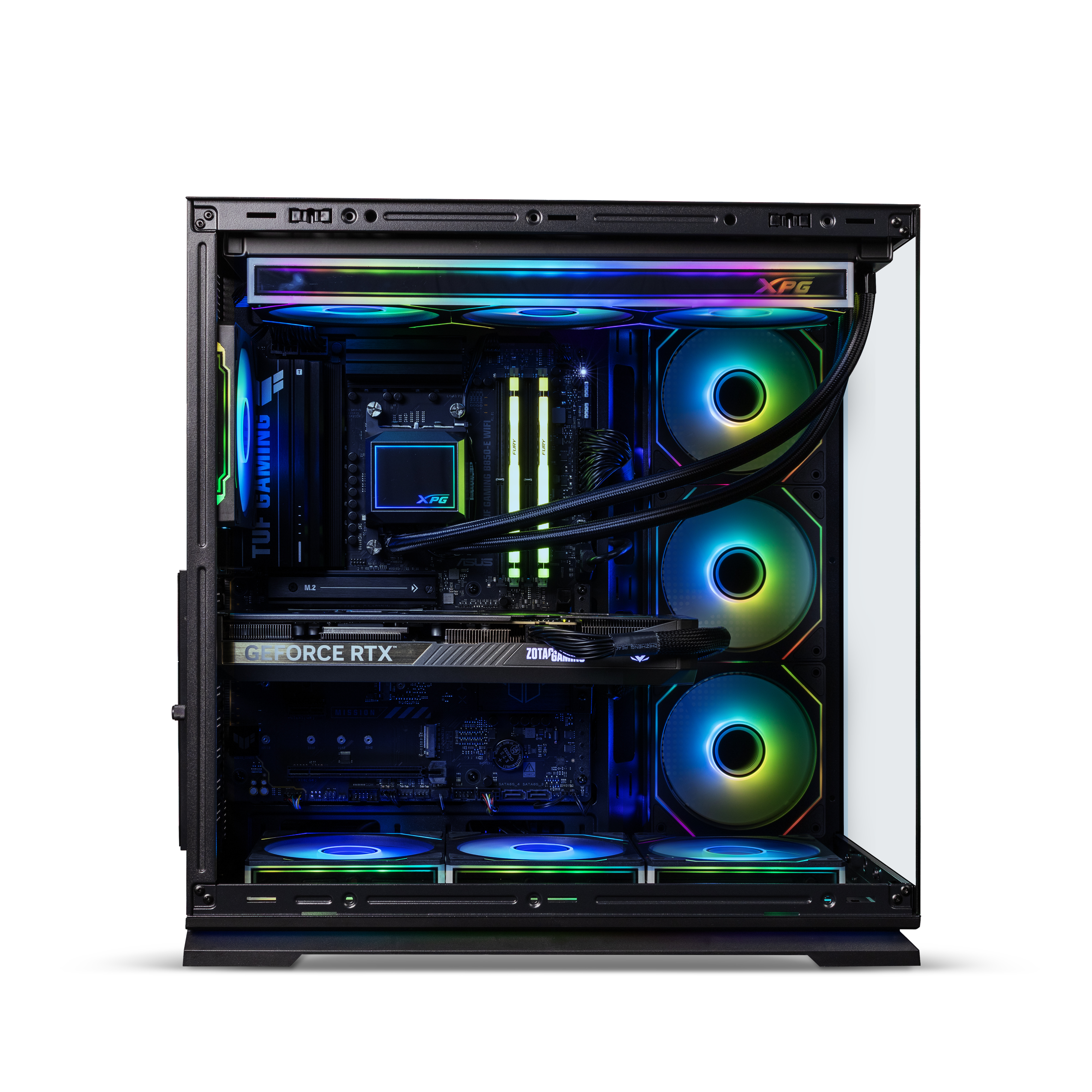 Ein Gaming-PC mit RGB-Beleuchtung, Grafikkarte, Motherboard und Lüftern.
