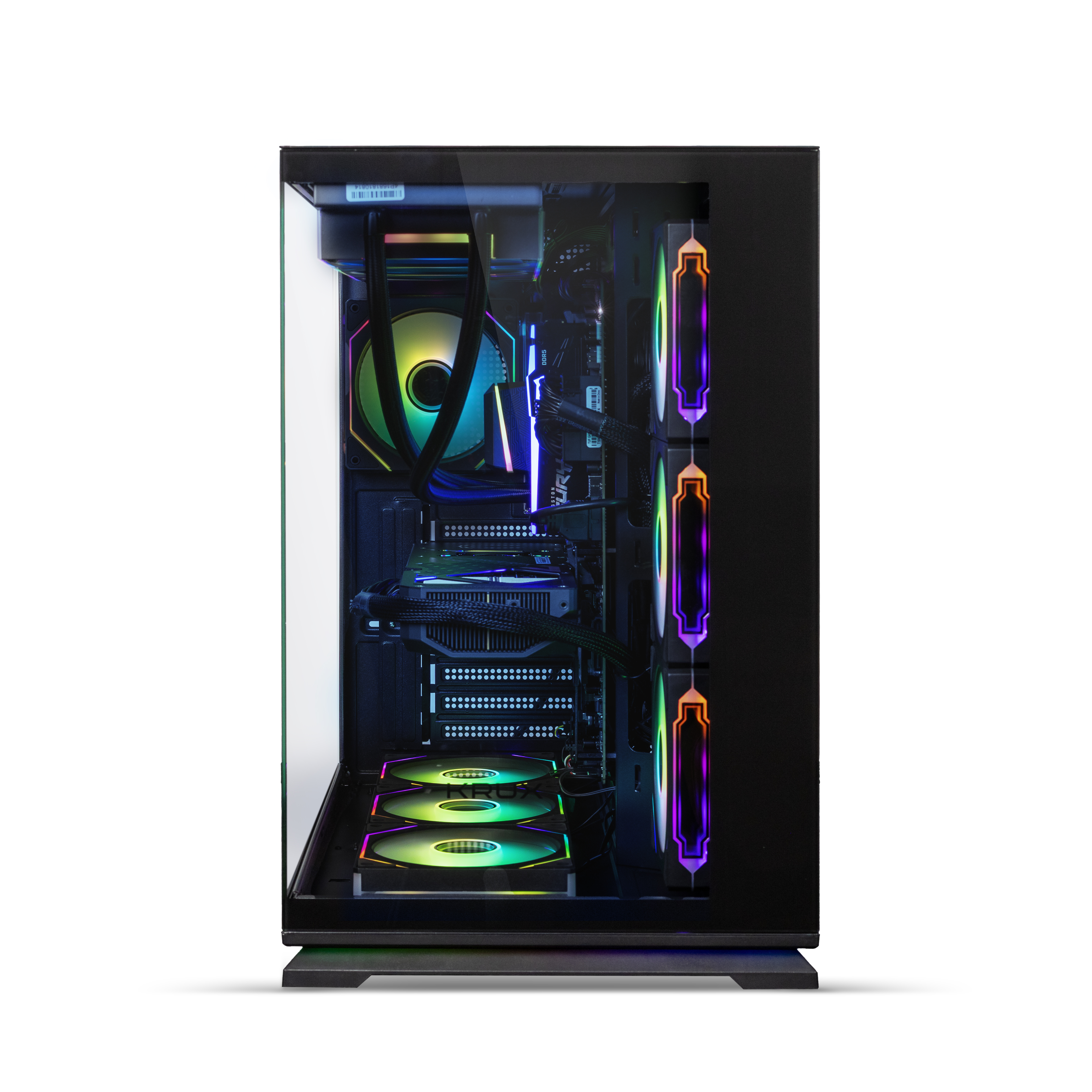 Ein PC-Gehäuse mit RGB-Beleuchtung, Lüftern und Komponenten.