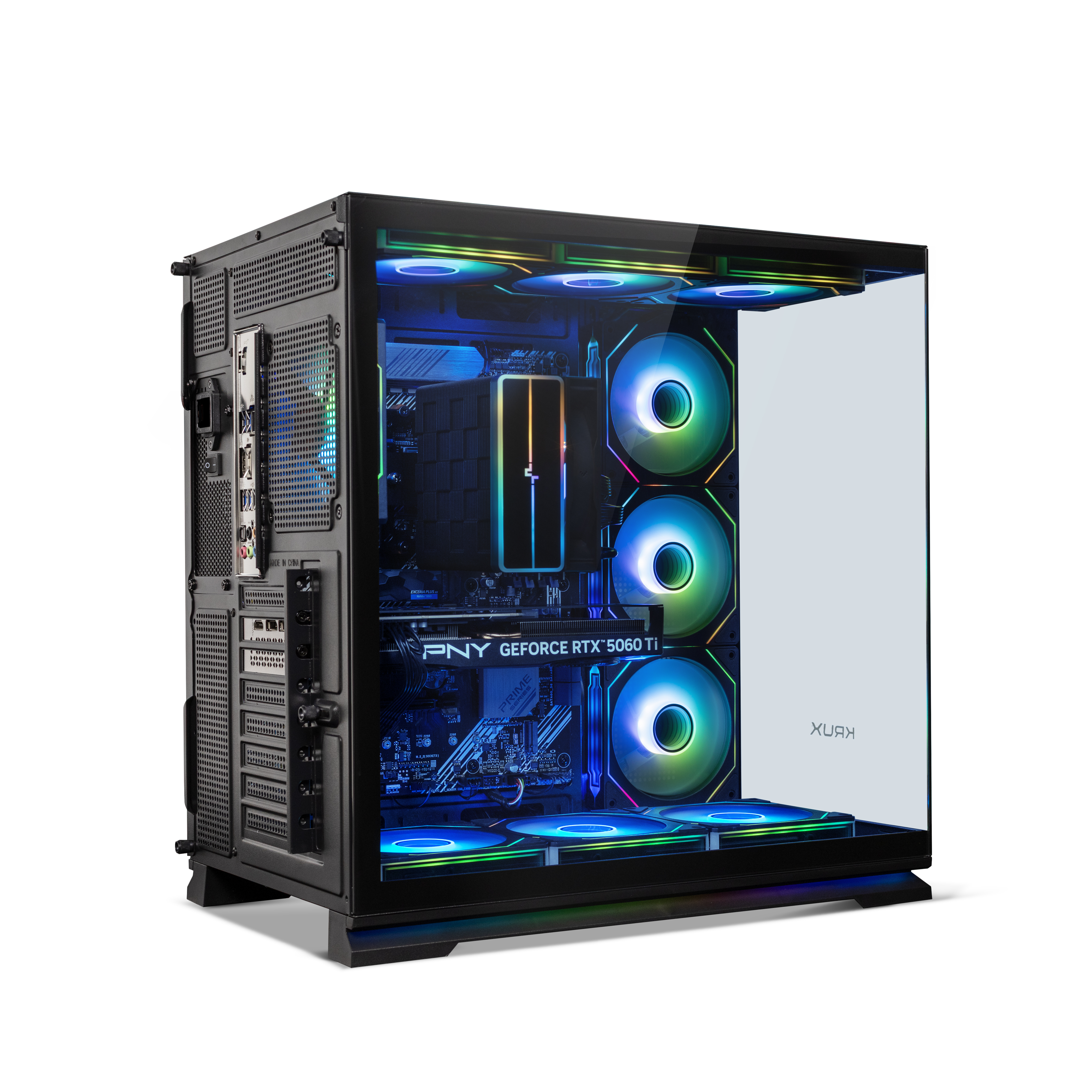 Ein schwarzer PC-Tower mit Glasfenster und RGB-Lüftern.
